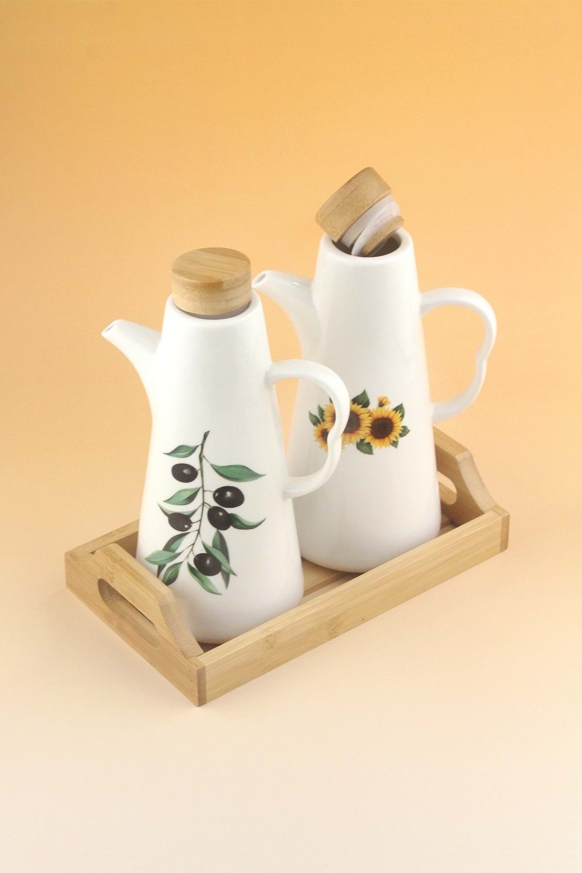 Bursa Porselen Dekor Olives & Sunflower ahşap tepsili yağlık seti