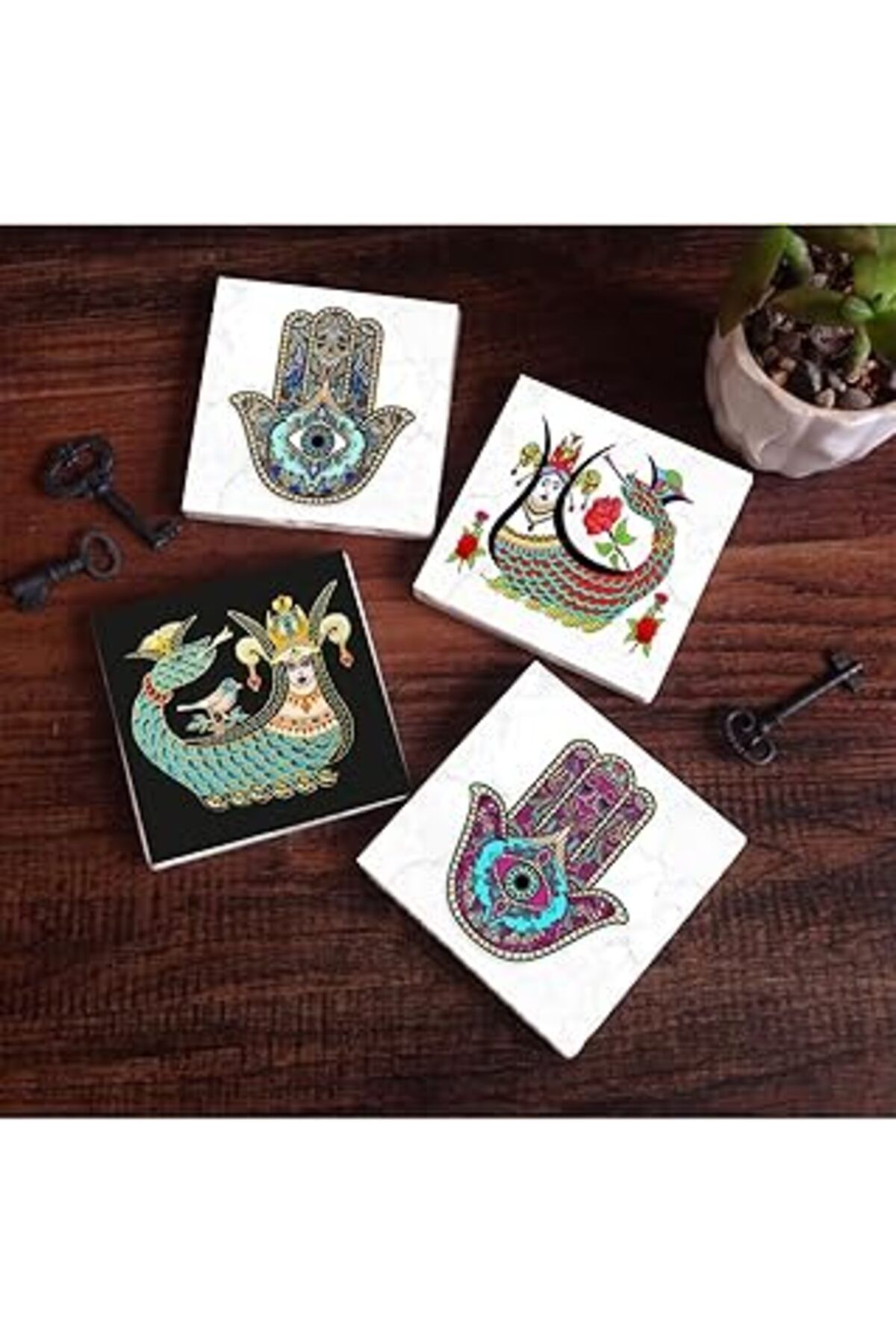 TBSProjects Pinecone Şahmeran, Fatma Ana Eli (Hamsa) Taş Bardak Altlığı Seti - 4 Parça - Dekoratif, Rustik Mutf