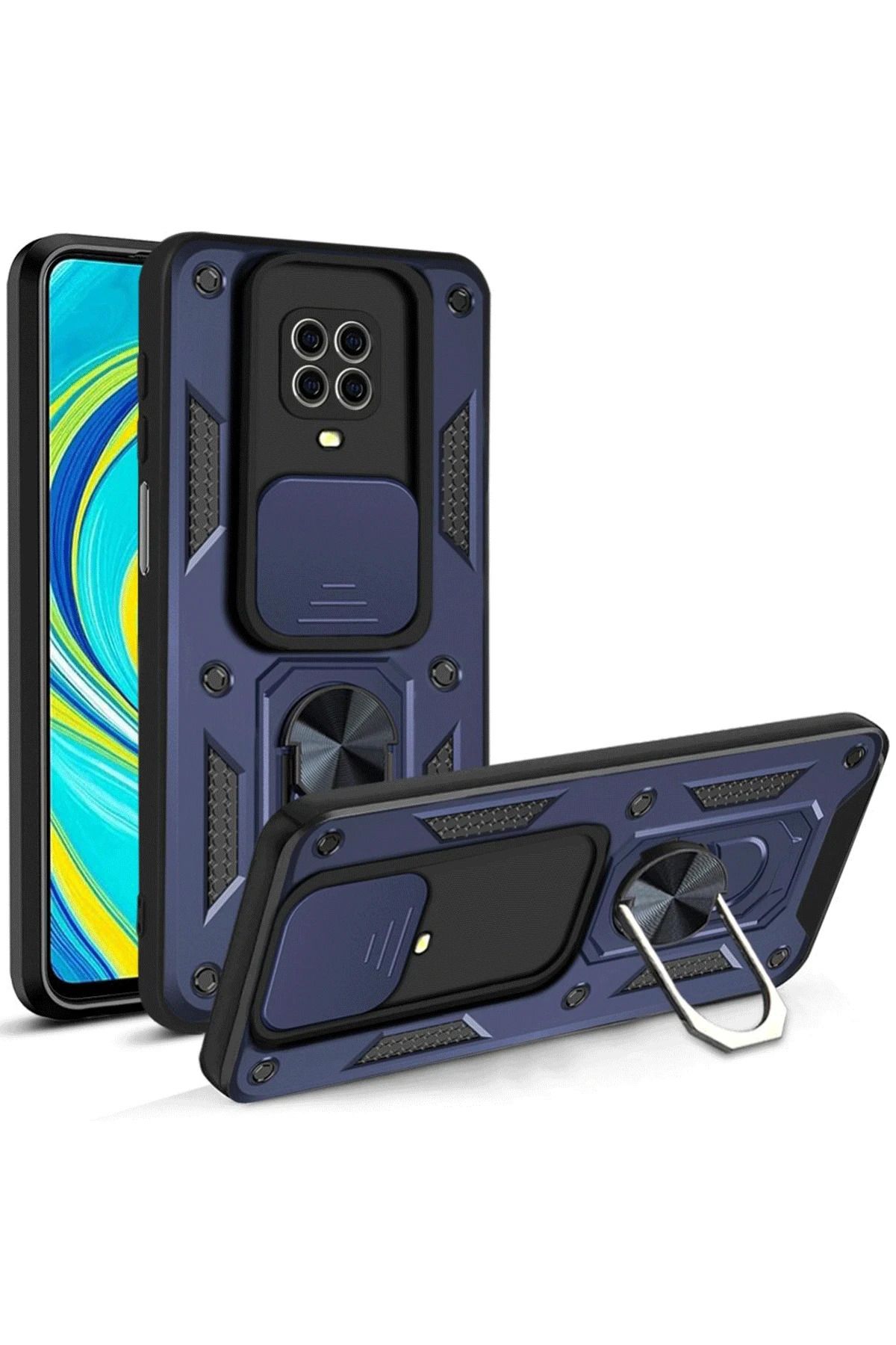 NewFace Xiaomi Redmi Note 9 Pro Kılıf Pars Lens Yüzüklü Silikon - Lacivert YNSMR