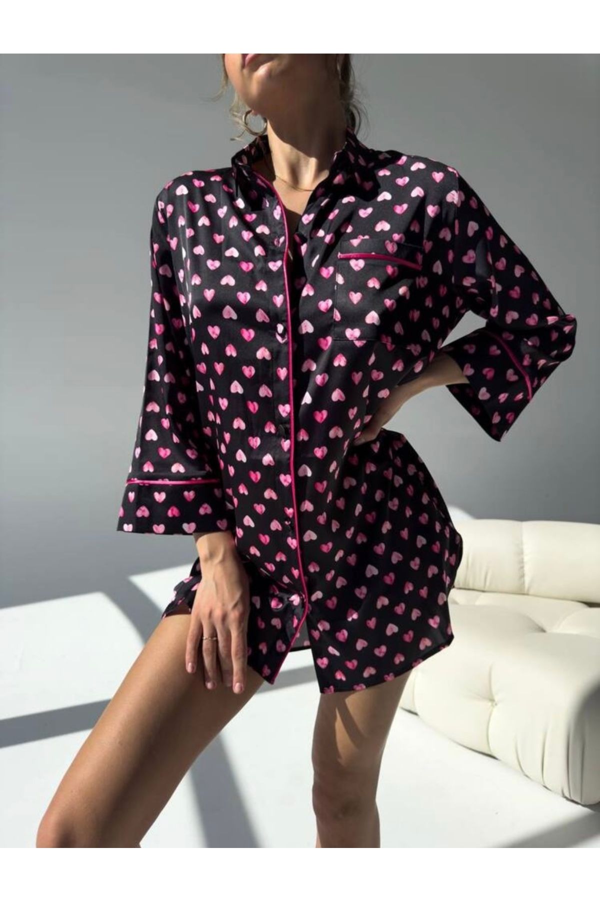 Gamze Day's Lingerie Saten Kalpli Gömlek Pijama