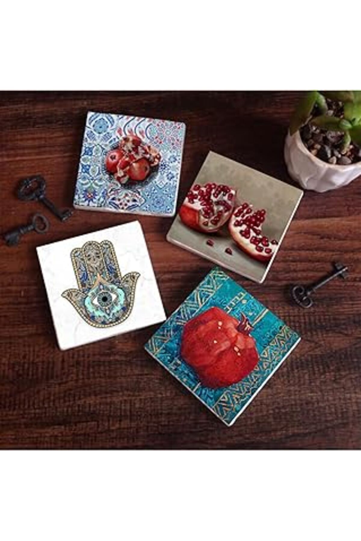 TBSProjects Pinecone Nar, Fatma Ana Eli (Hamsa) Taş Bardak Altlığı Seti - 4 Parça - Dekoratif, Rustik Mutfak Ak