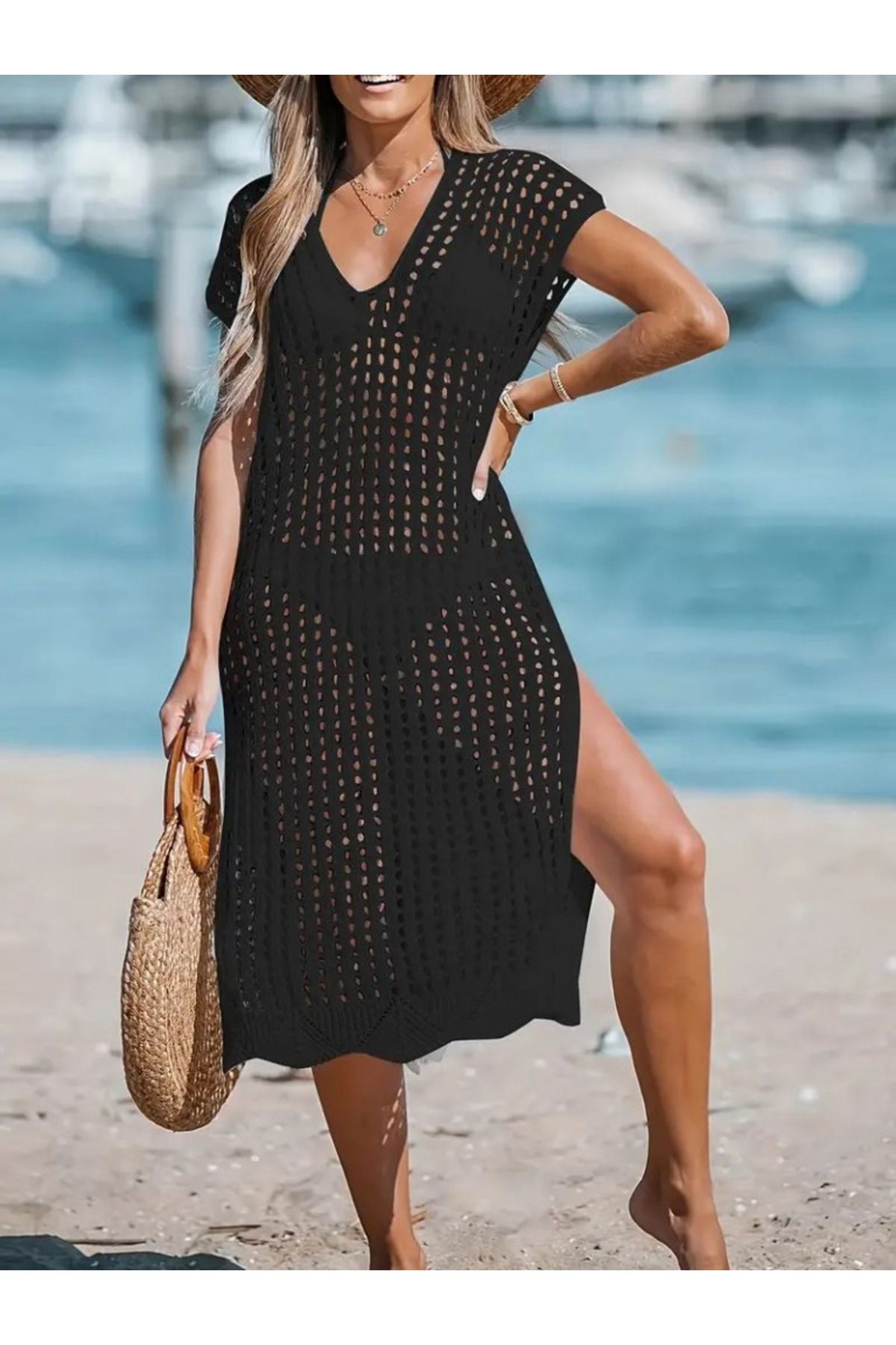 velmorafashion Kadın Sıfır Kol V Yaka Yanı Derin Yırtmaçlı Midi Boy Triko Elbise