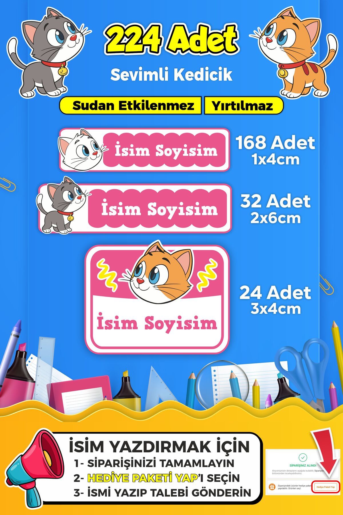 SB store Sevimli Kedi Temalı Okul Kreş Kişiye Özel isim Etiket Seti - Model 365