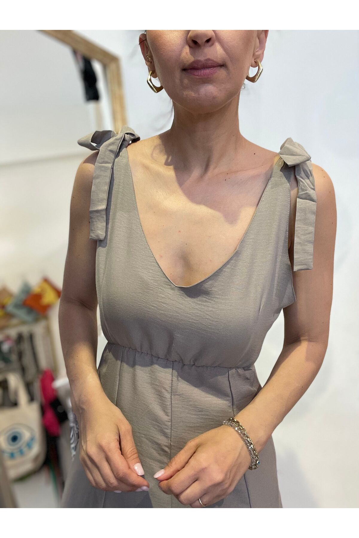 Butik Kadın, Omuzdan Bağlamalı, Beli Lastikli, A Kesim, Midi, Vizon Elbise
