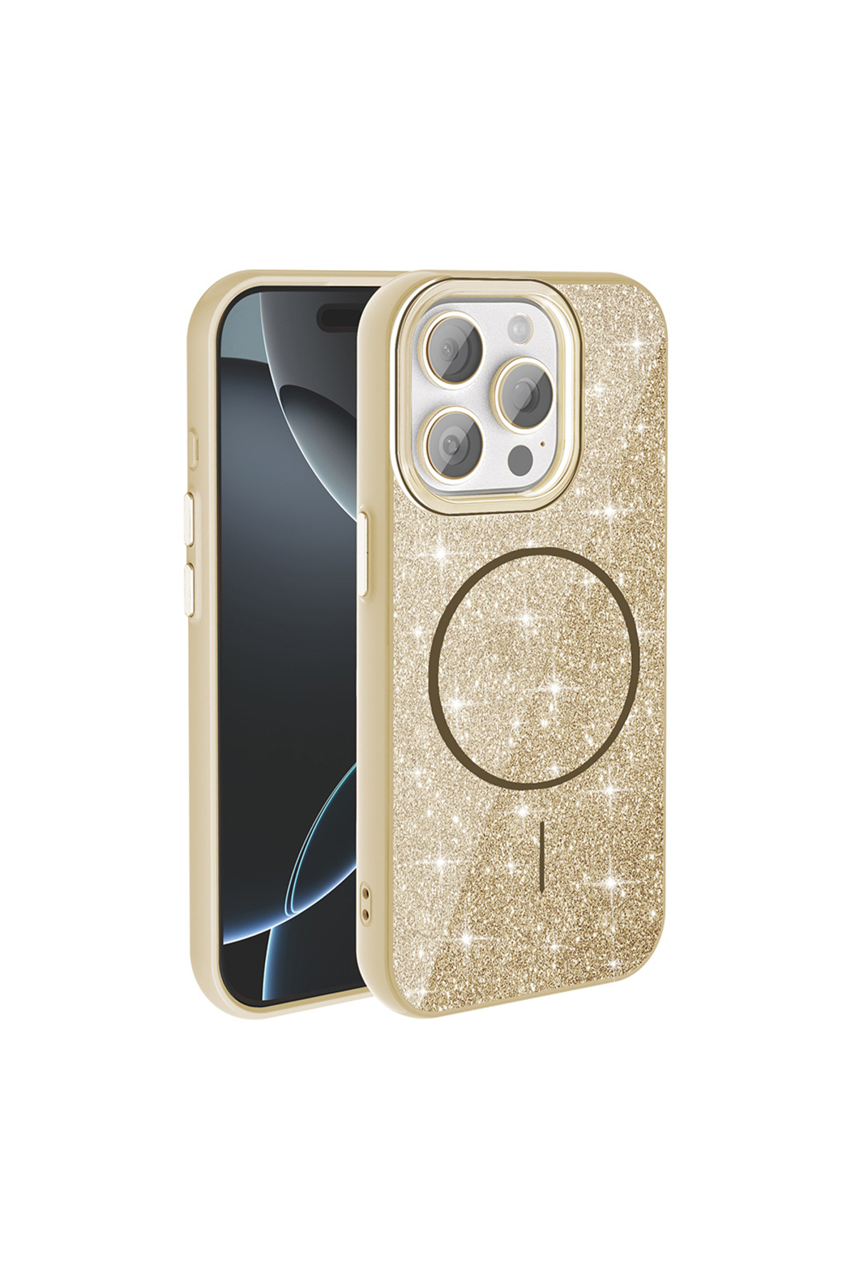 iPhone 15 Pro Max Kılıf Magsafe Şarj Özellikli Parlayan Simli MKST Okso Kapak - Gold