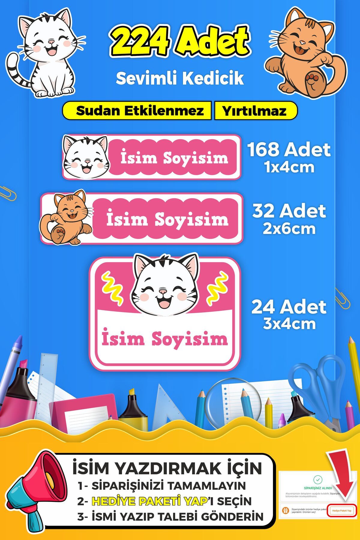 SB store Sevimli Kedi Temalı Okul Kreş Kişiye Özel isim Etiket Seti - Model 369