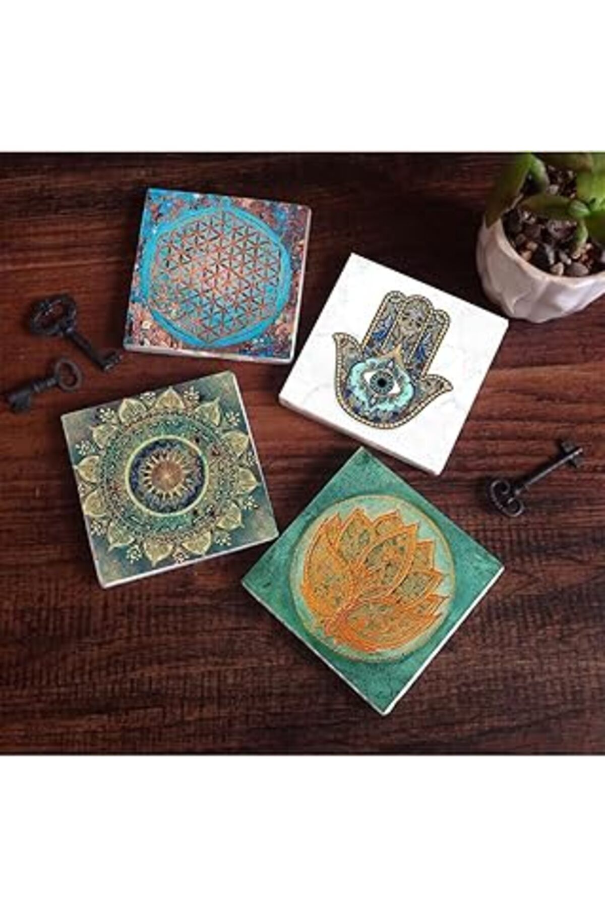 TBSProjects Pinecone Mandala, Yaşam Çiçeği, Lotus Çiçeği, Fatma Ana Eli (Hamsa) Taş Bardak Altlığı Seti - 4 Par