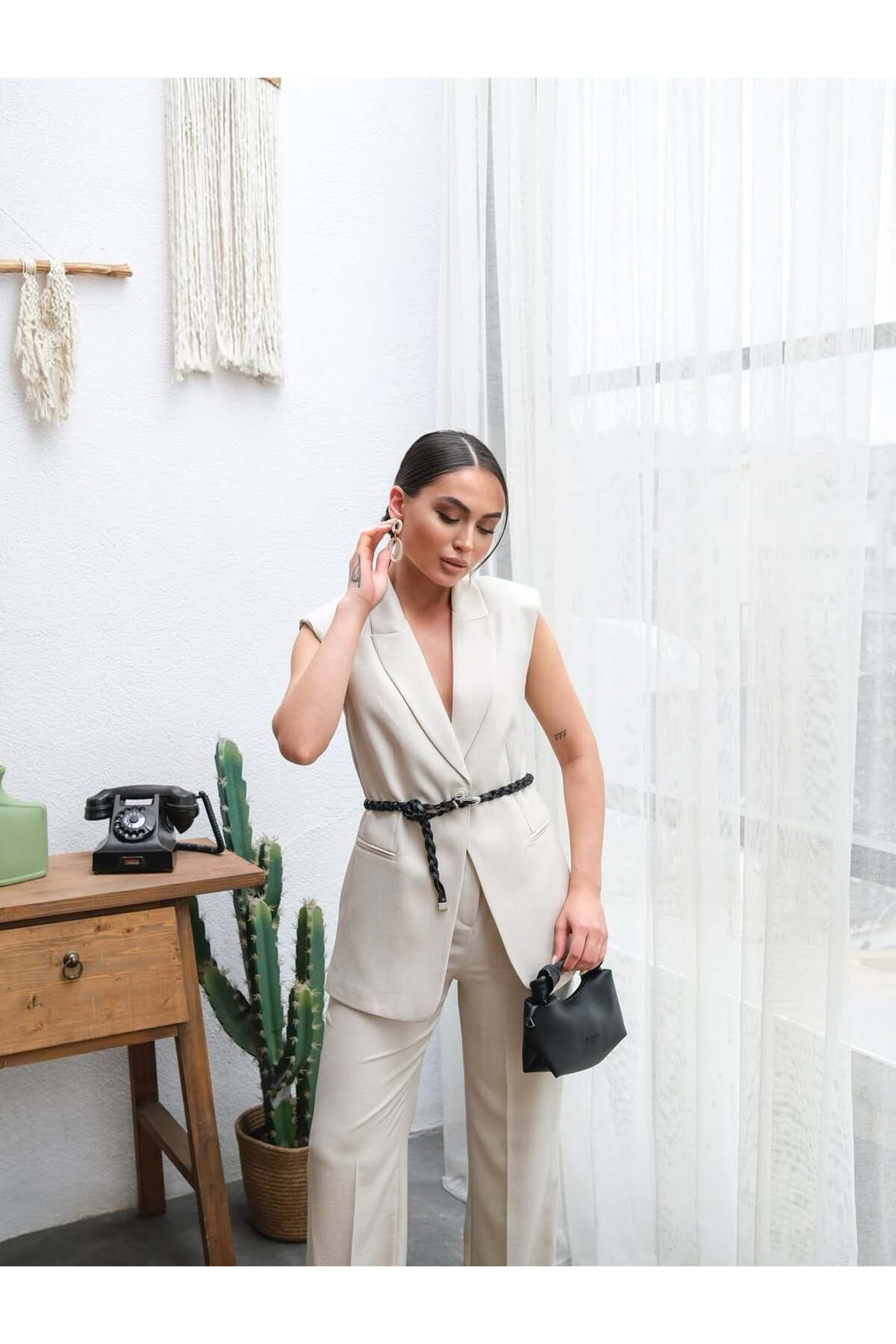 studio fashion 1988 Sarı Premium Örgü Pamuk Keten Kemerli Yelekli Takım