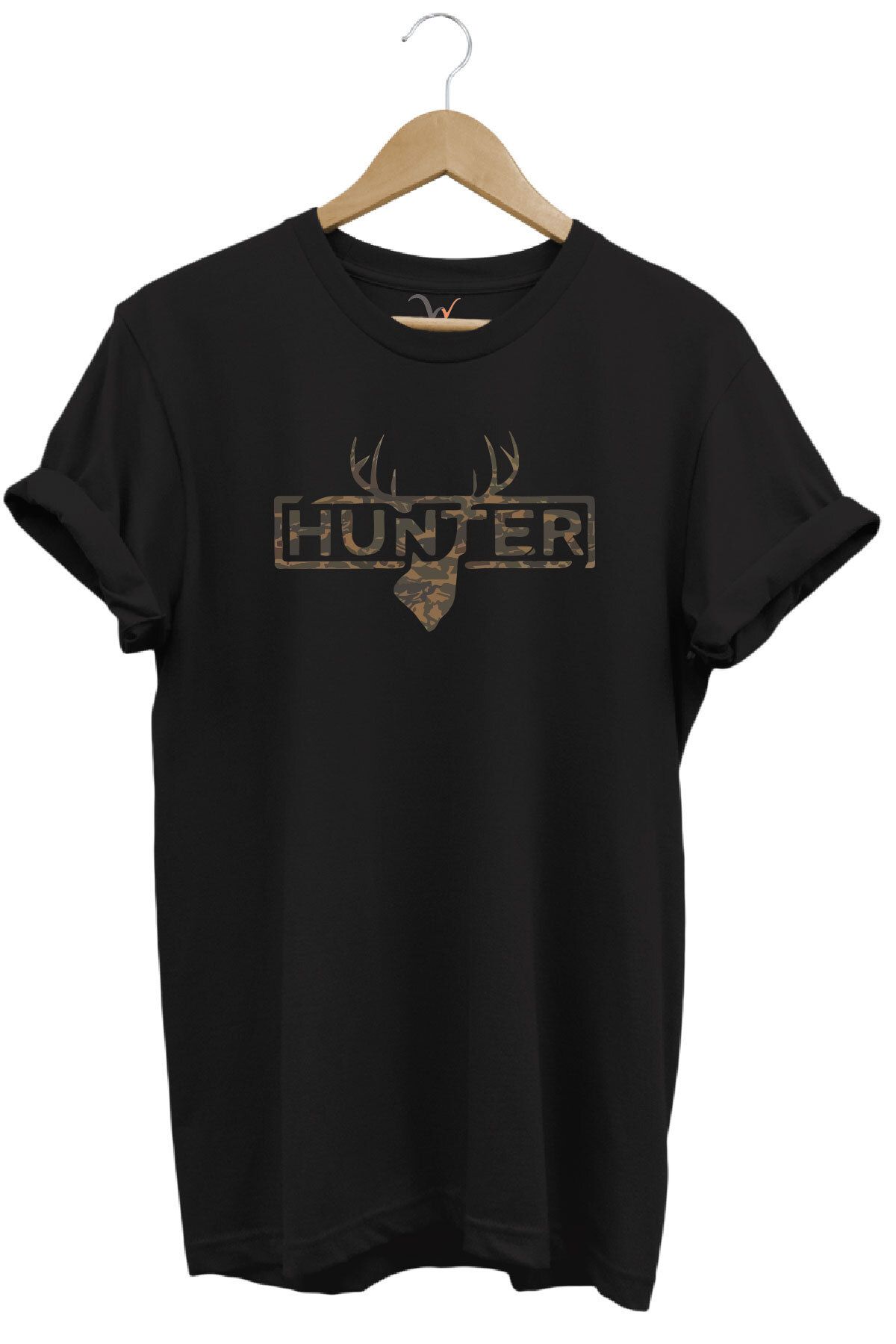 WİDİ Avcılık Kamuflaj Desenli Geyik ve Hunter Yazı Baskılı %100 Pamuk Regular Fit Bisiklet Yaka T-shirt
