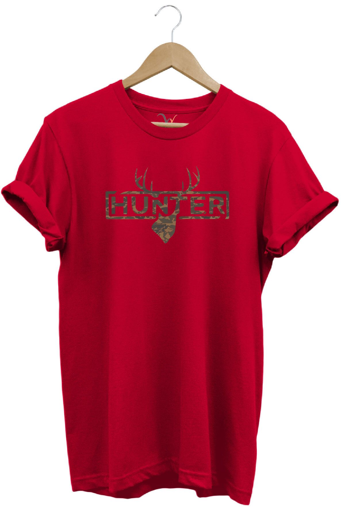 WİDİ Avcılık Kamuflaj Desenli Geyik ve Hunter Yazı Baskılı %100 Pamuk Regular Fit Bisiklet Yaka T-shirt