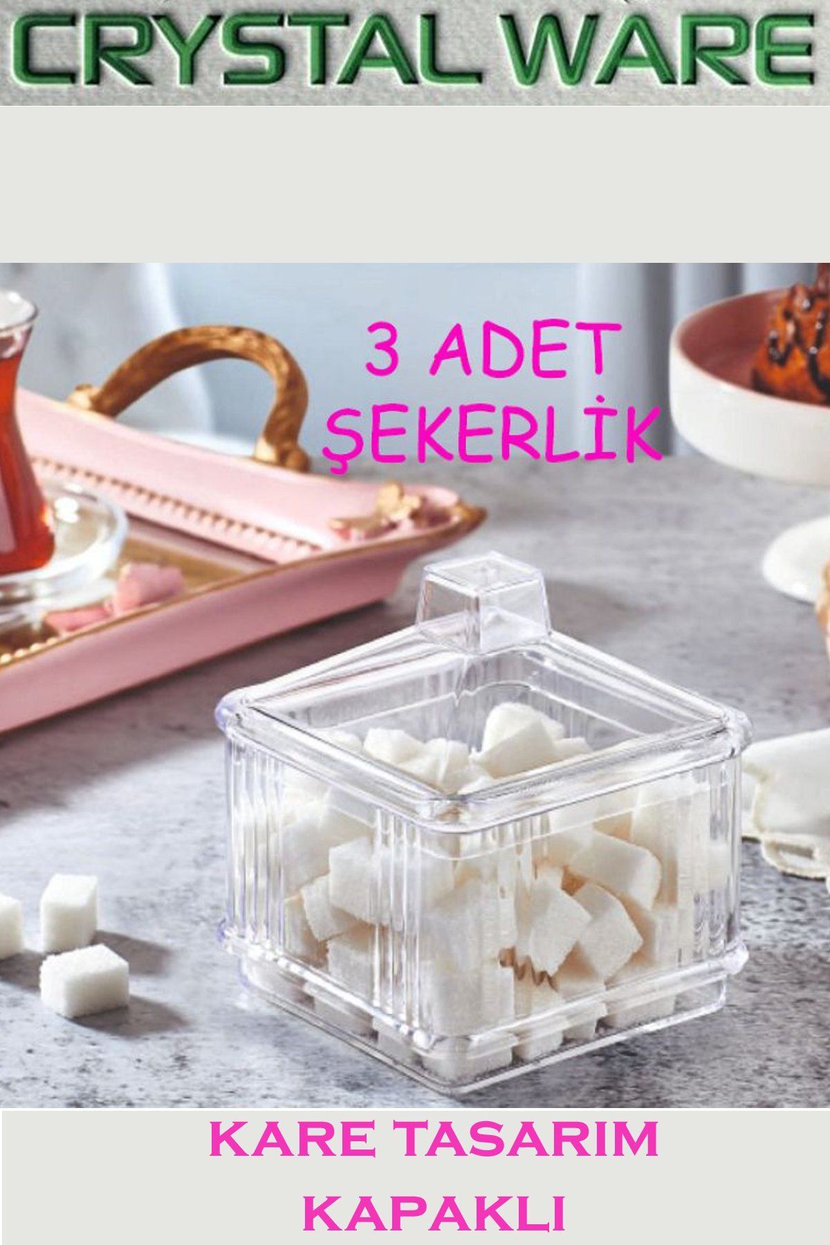 Crystal Ware 3 Adet Şeffaf Kare Kapaklı Şekerlik, Sunumluk F111