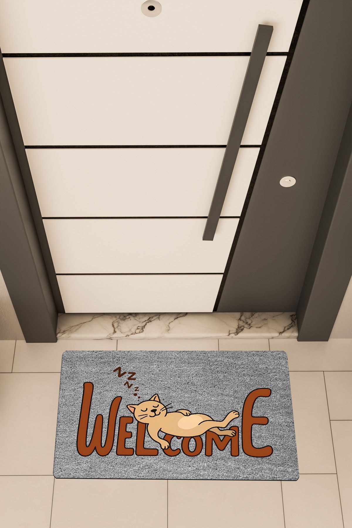 Dormot Home Yüksek Kaliteli Dijital Baskı Gri, Welcome Yatan Kedi, temalı Kapı Önü Paspası