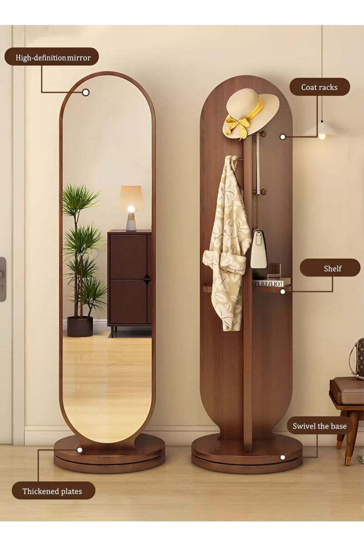 Taimi-360 Degree Rotating Mirror with Clothes Hanger and Storage Shelf for Bedroom Walnut Color 166x46cm 3