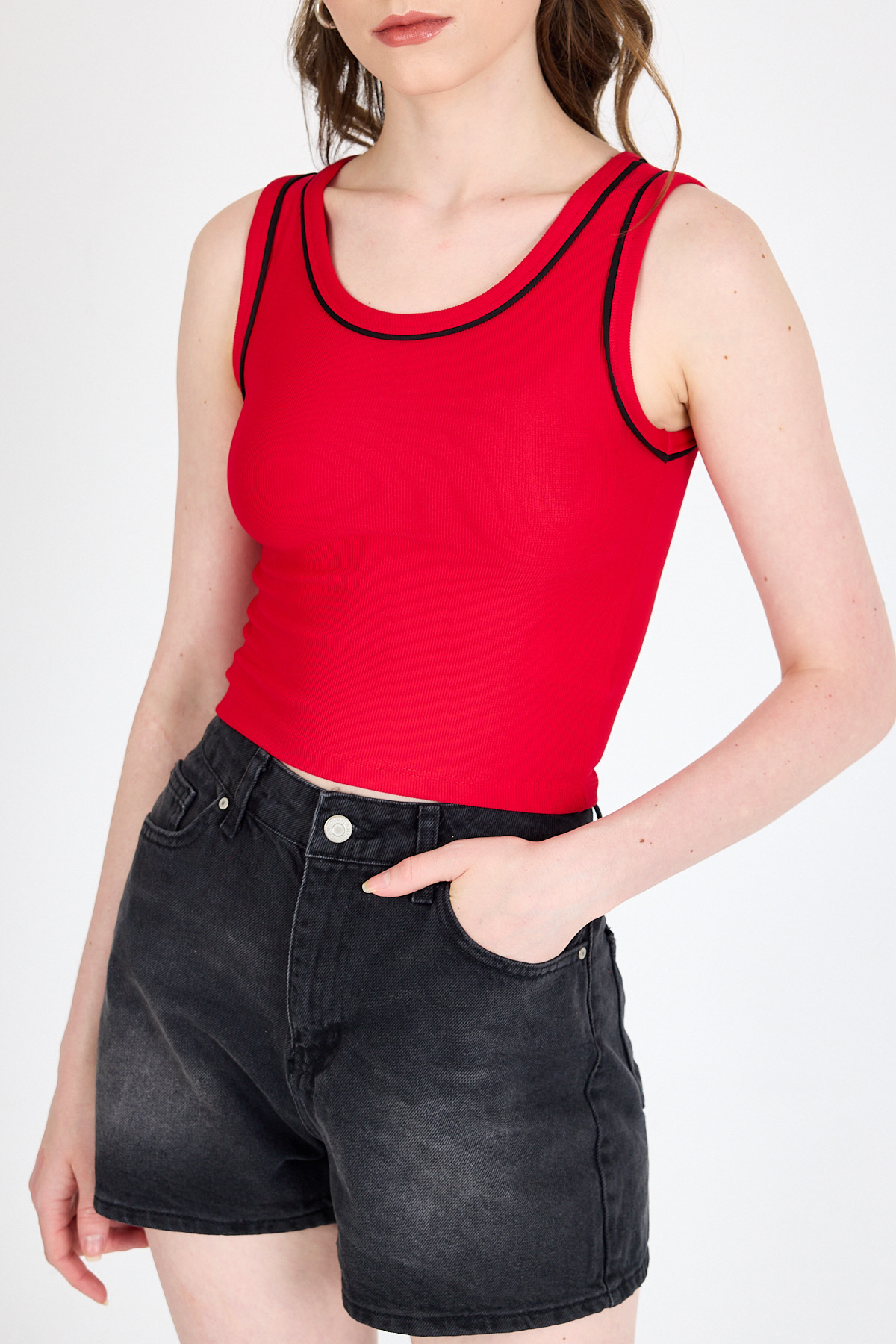Rays-Red Stripe Detailed Knitted Crop Tank Top 1049 6
