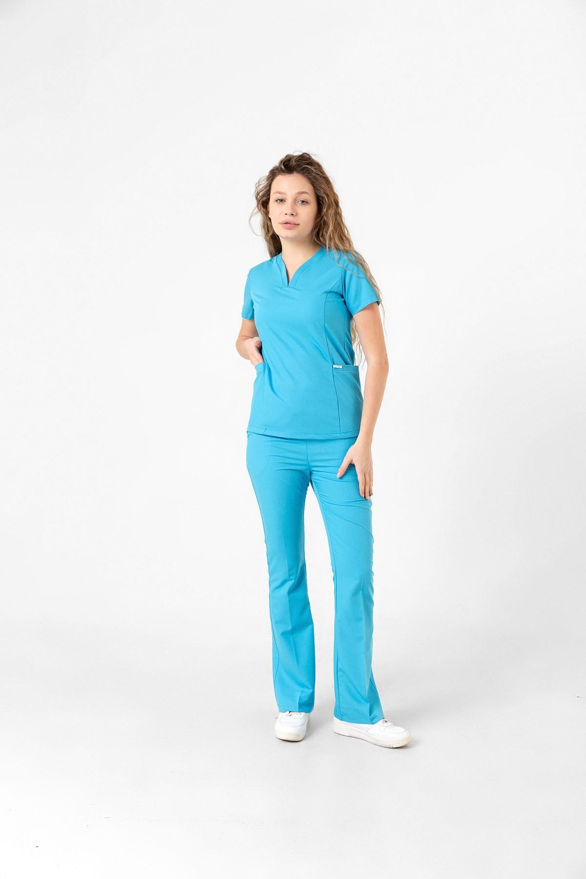 Onur Forma Scrubs Drop Collar Kadın Takım - Turkuaz Mavi