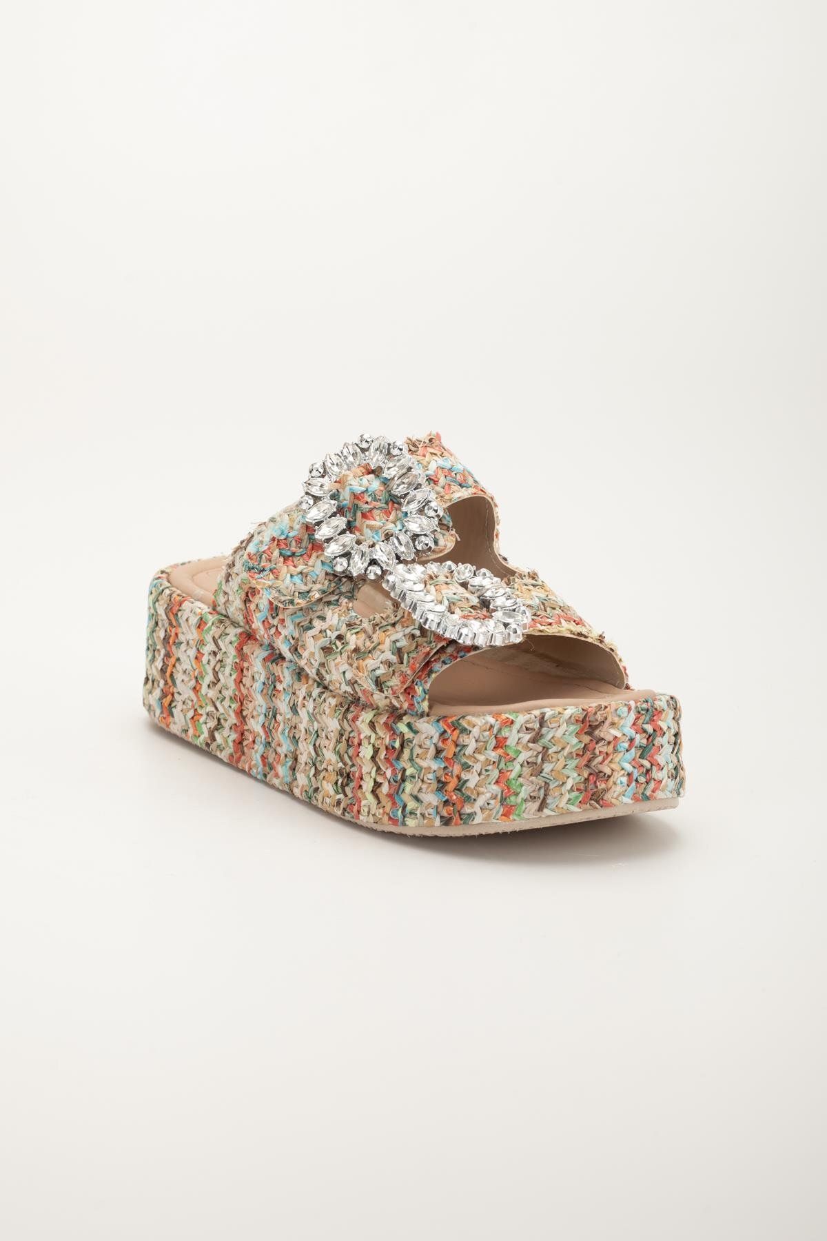 Dilimler Ayakkabı-Women's Wedge Heeled Slippers Nude Two Stripes Square Stone Buckle Coated Sole 4