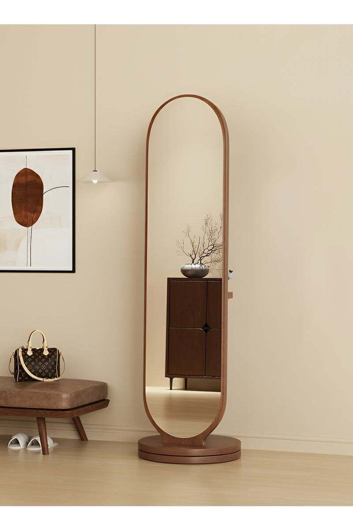 Taimi-360 Degree Rotating Mirror with Clothes Hanger and Storage Shelf for Bedroom Walnut Color 166x46cm 2