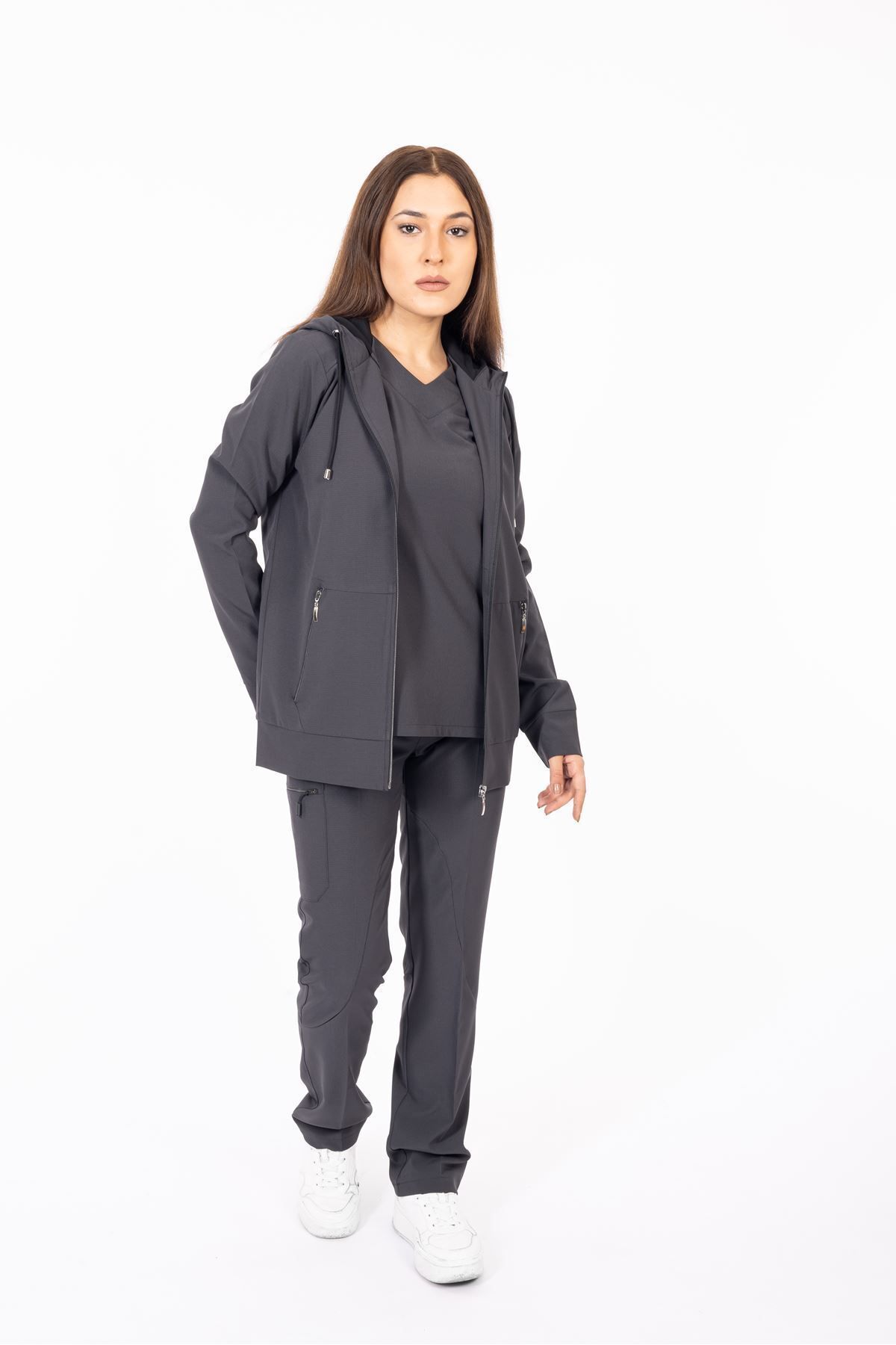 Onur Forma Scrubs Hood Comfort Kadın Kapüşonlu Takım - Füme Gri