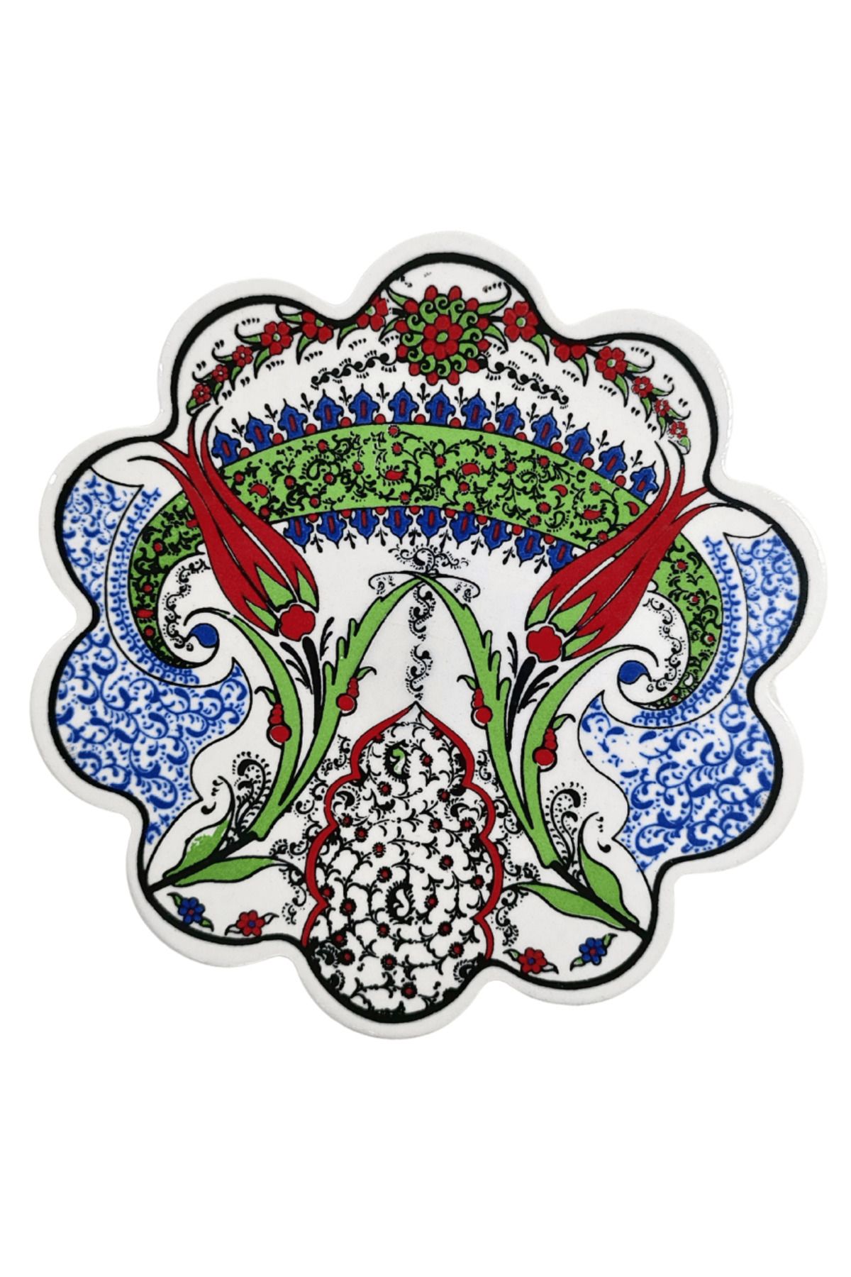 Özel Yapım Çini Desenli Çiçekler Seramik Nihale 18 Cm Koruyucu Kaydırmaz Altlik Model 5