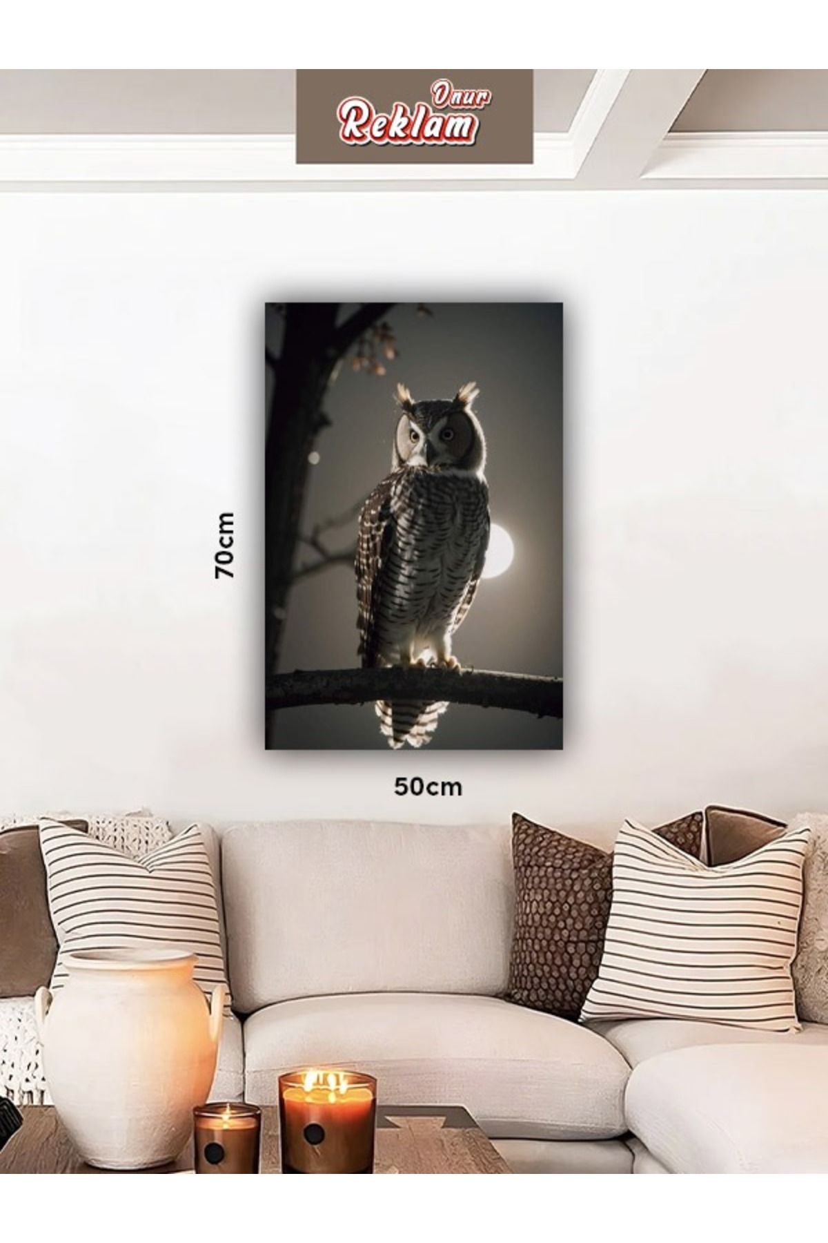 onurreklamonline Baykuş Figürlü Dekoratif Tablo – 50x70 cm – Dekota Üzeri Folyo Baskı – Modern Duvar Dekoru