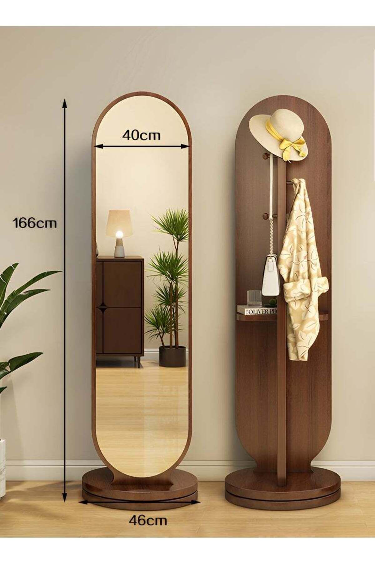 Taimi-360 Degree Rotating Mirror with Clothes Hanger and Storage Shelf for Bedroom Walnut Color 166x46cm 7