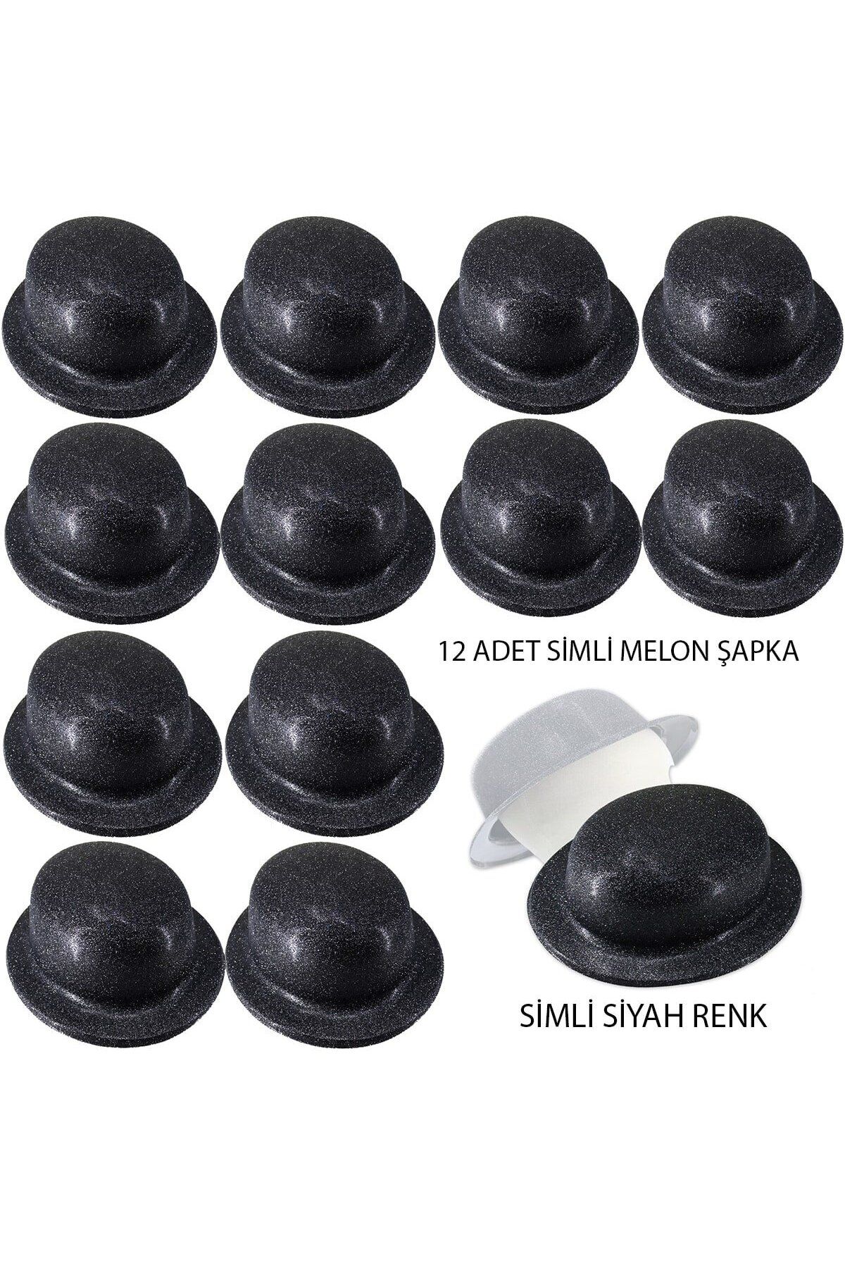 Zayla Siyah Renk Simli Melon Yuvarlak Parti Şapkası 12 Adet