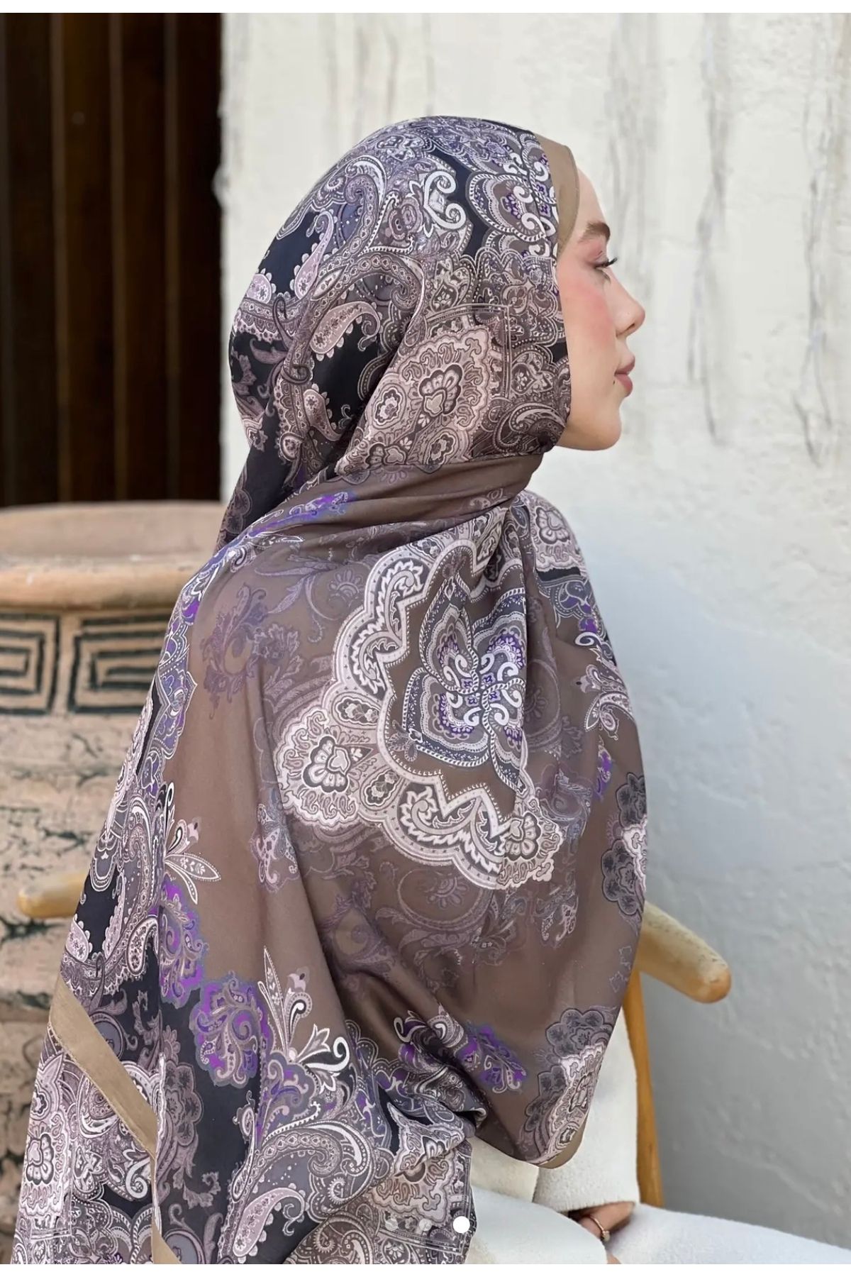 Modakaşmir Kahverengi etnik desen şal