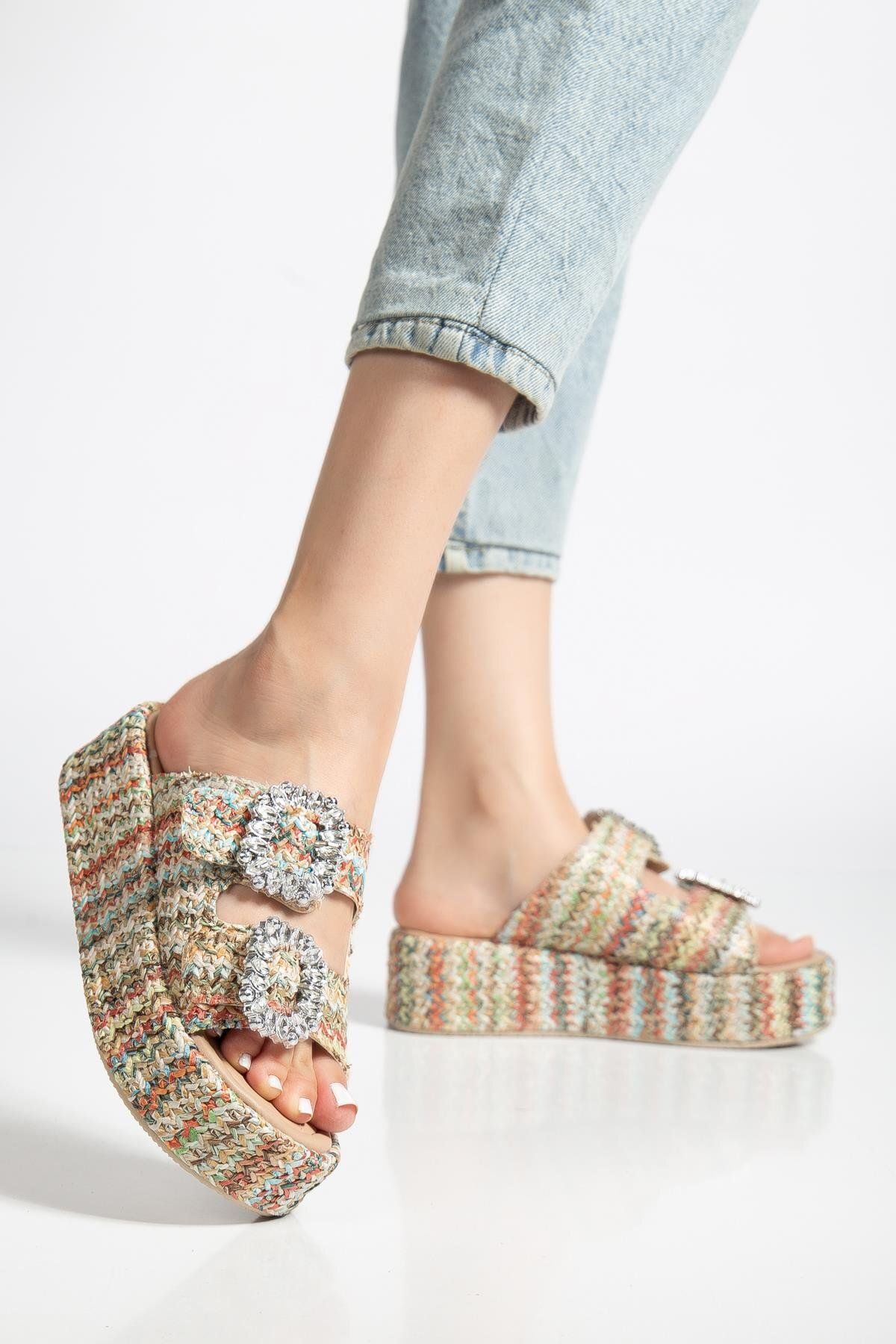 Dilimler Ayakkabı-Women's Wedge Heeled Slippers Nude Two Stripes Square Stone Buckle Coated Sole 2