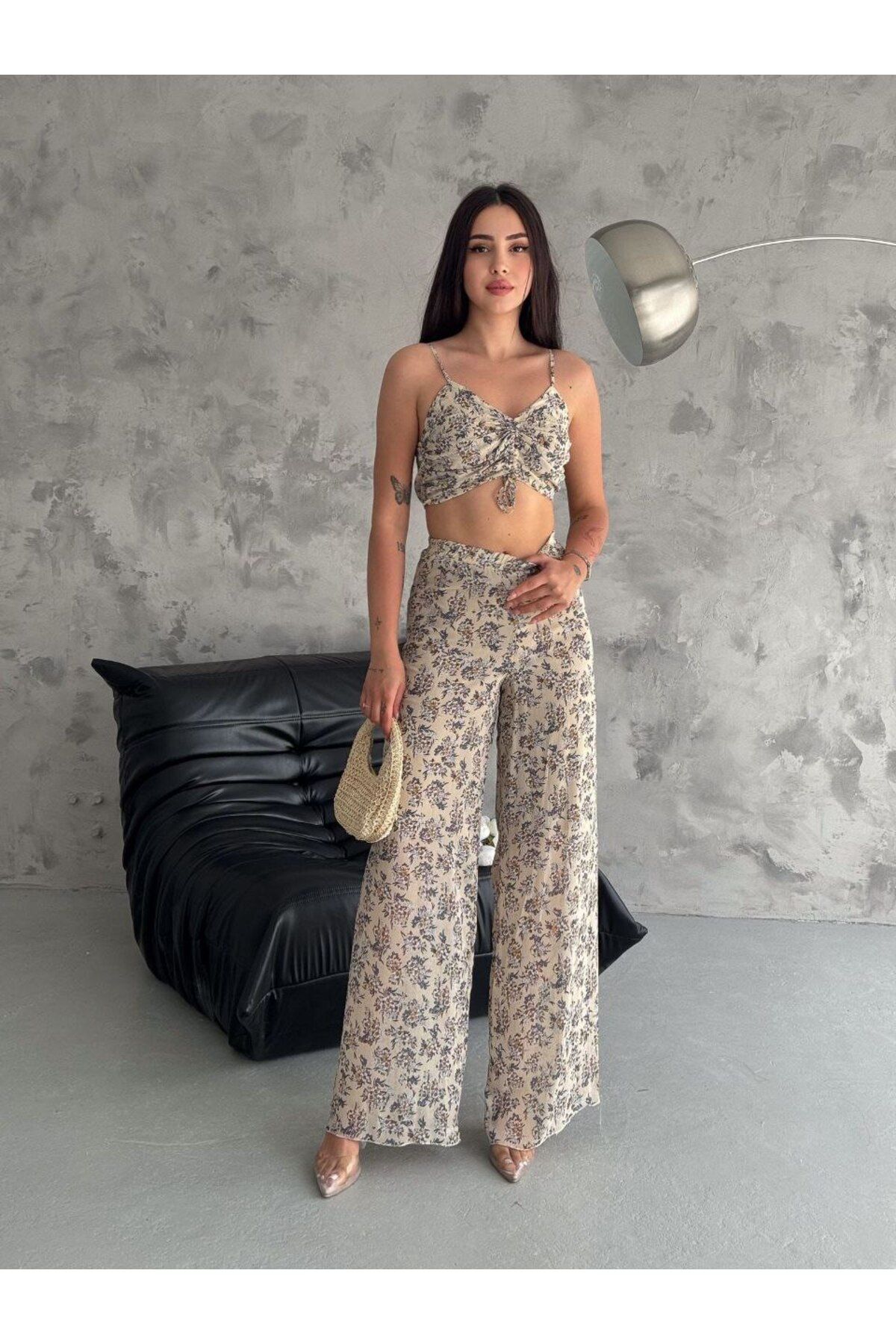 Shoebuo Büstiyer Yüksek Bel Desenli Yazlık İkili Takım – Crop Top & Bol Paça Pantolon