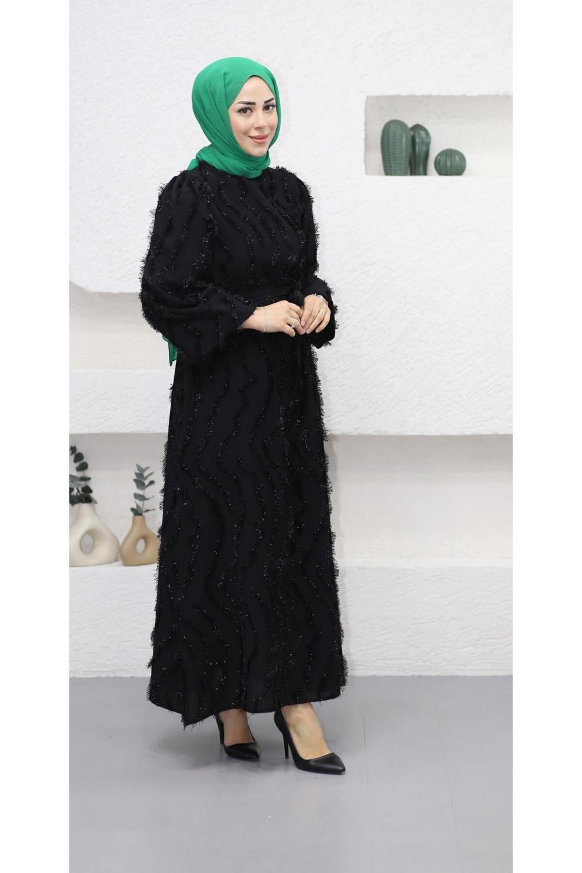 afran collection siyah simli abiye elbise