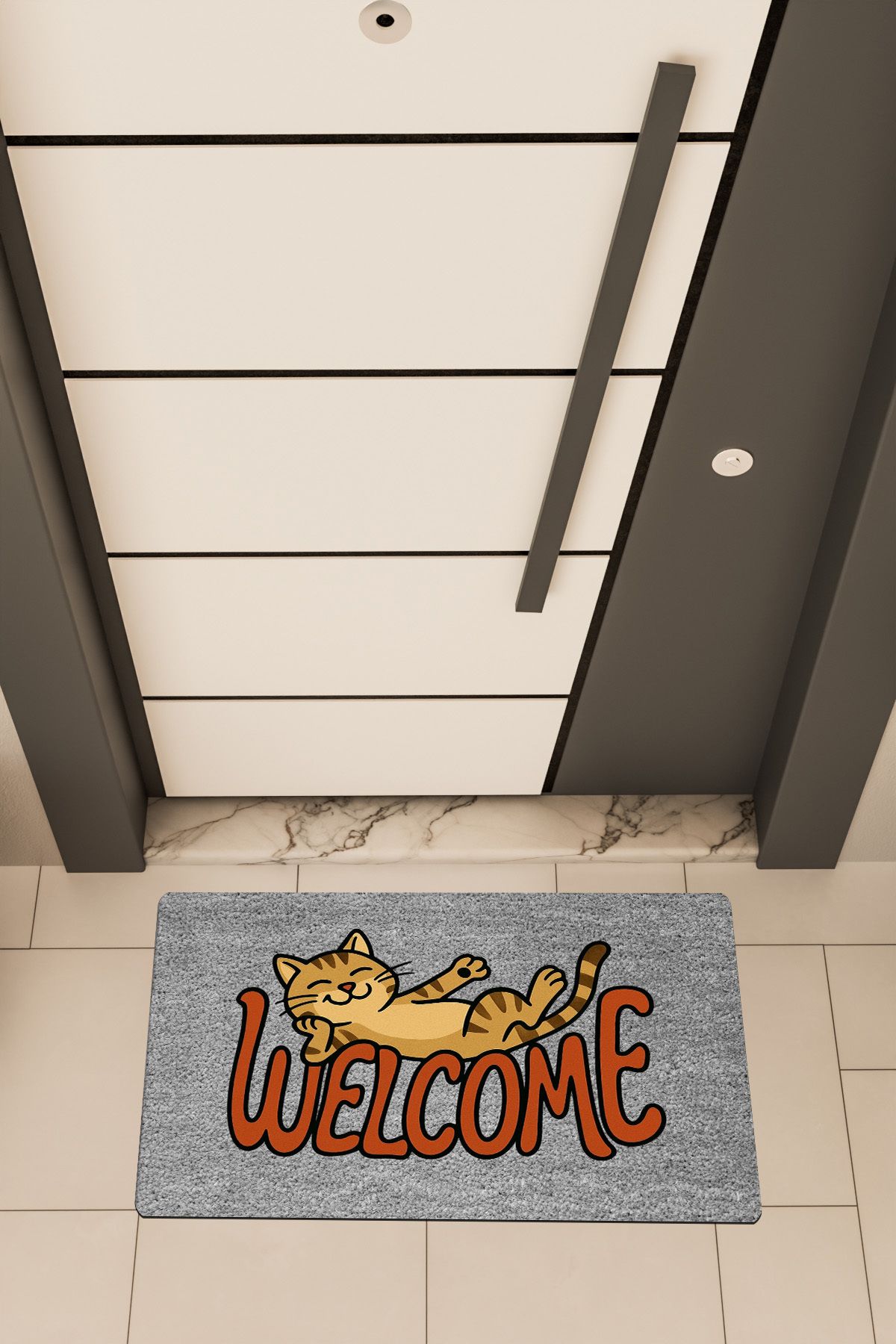 Dormot Home Yüksek Kaliteli Dijital Baskı Gri, Welcome Yatan Mutlu Kedi, temalı Kapı Önü Paspası