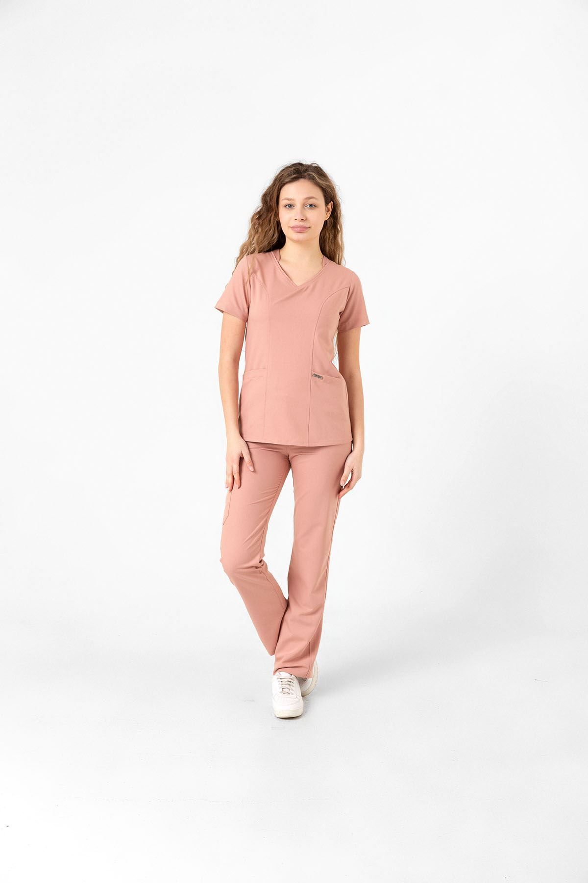 Onur Forma Scrubs Butterfly Collar Kadın Takım - Pudra