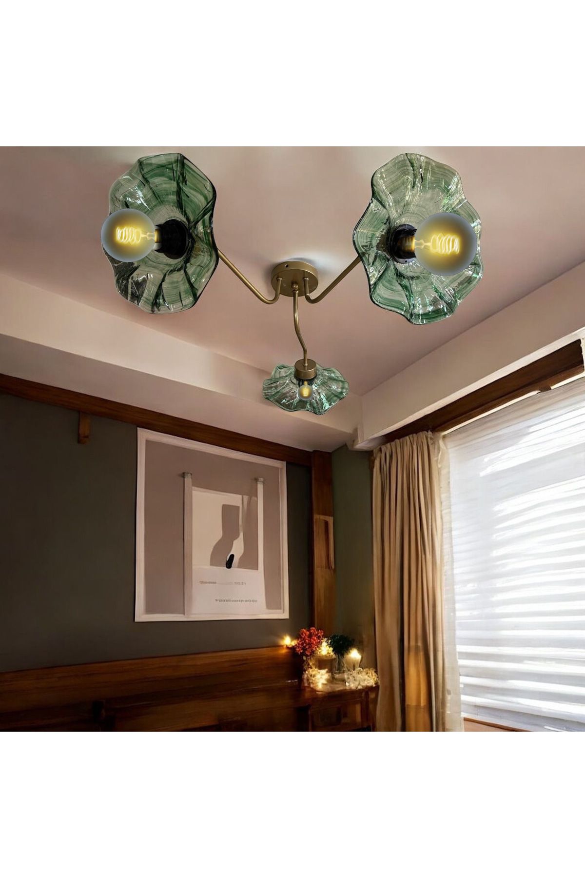 burenze Luxury Modern Exclusive Tasarım Yeşil Kristal Camlı Flower Çiçek Üçlü Avize Eskitme Gold Sarı