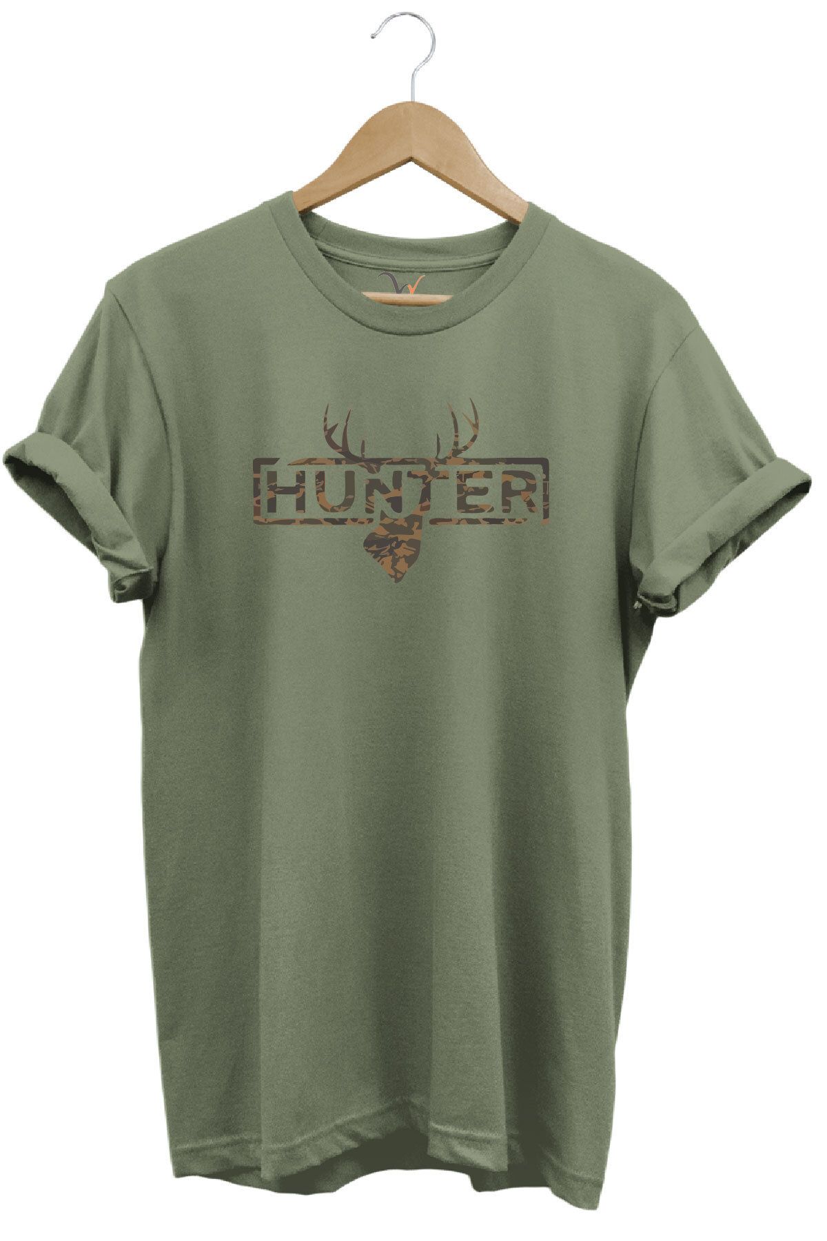 WİDİ Avcılık Kamuflaj Desenli Geyik ve Hunter Yazı Baskılı %100 Pamuk Regular Fit Bisiklet Yaka T-shirt