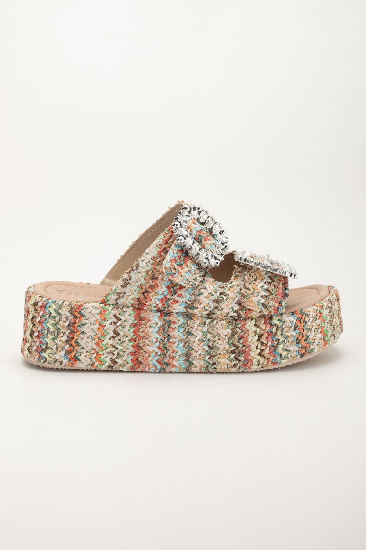 Dilimler Ayakkabı-Women's Wedge Heeled Slippers Nude Two Stripes Square Stone Buckle Coated Sole 3