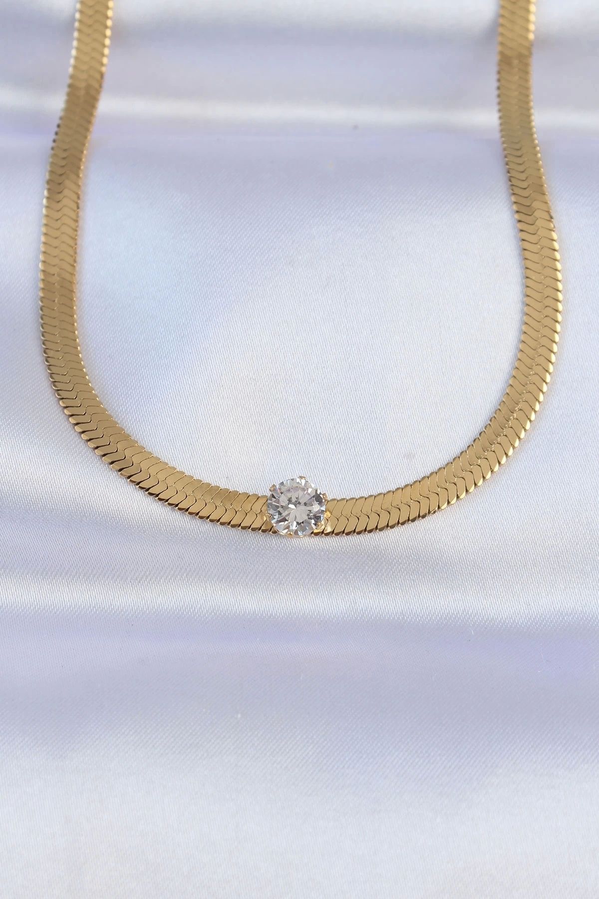 Generic 316L Çelik Gold Renk Tek Zirkon Taşlı İtalyan Zincir Kolye
