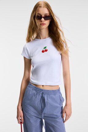 ETHIQUET ZEFIRA Kadın Bisiklet Yaka Kısa Kollu Önü Boncuk İşleme Detaylı Slim...