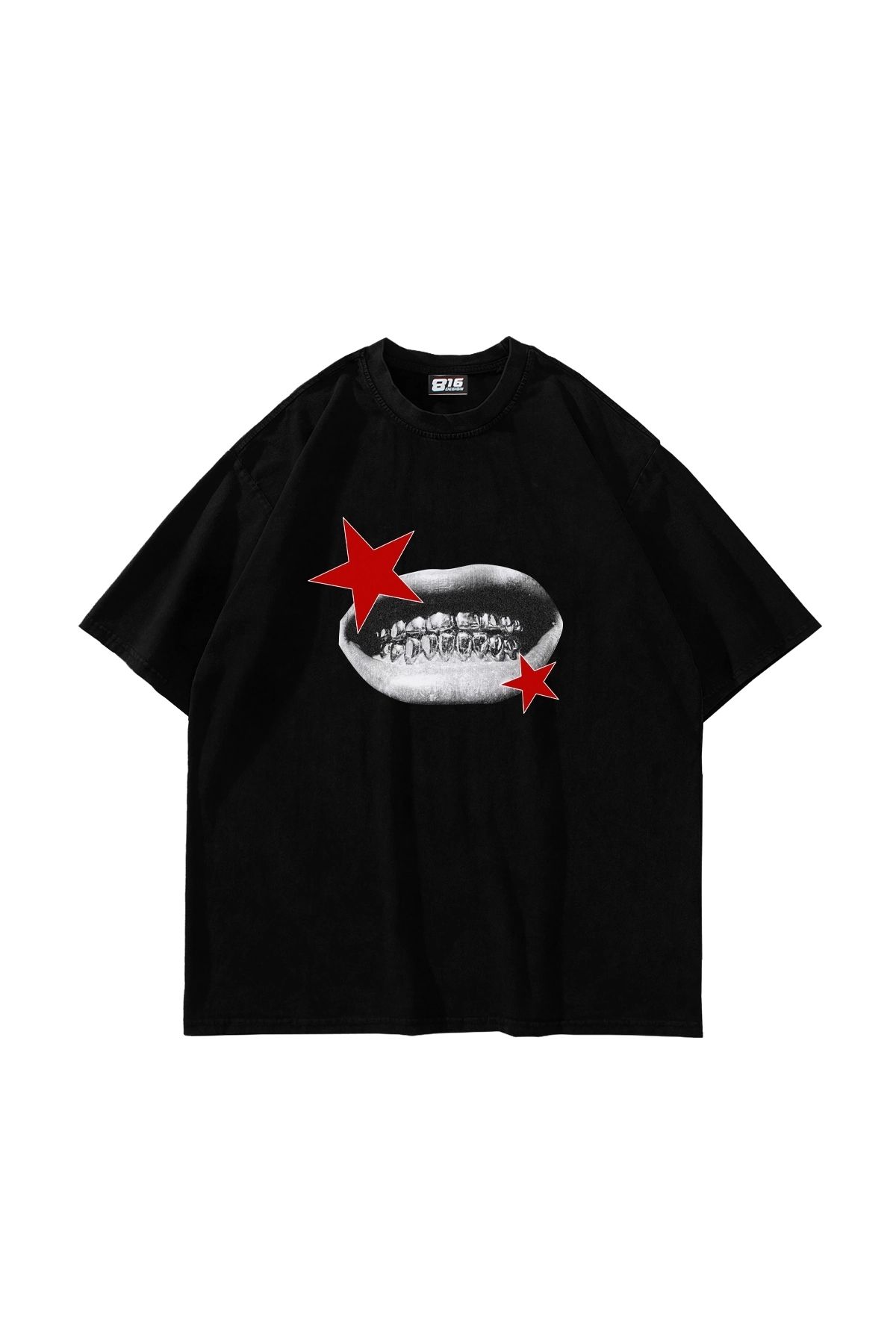 Bak Moda Teeth Star Baskılı Oversize Unisex Siyah Tshirt