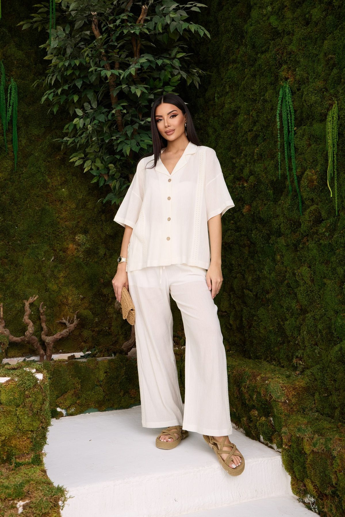 AsprinFashion KRİNKIL CEKET YAKA TAKIM EKRU