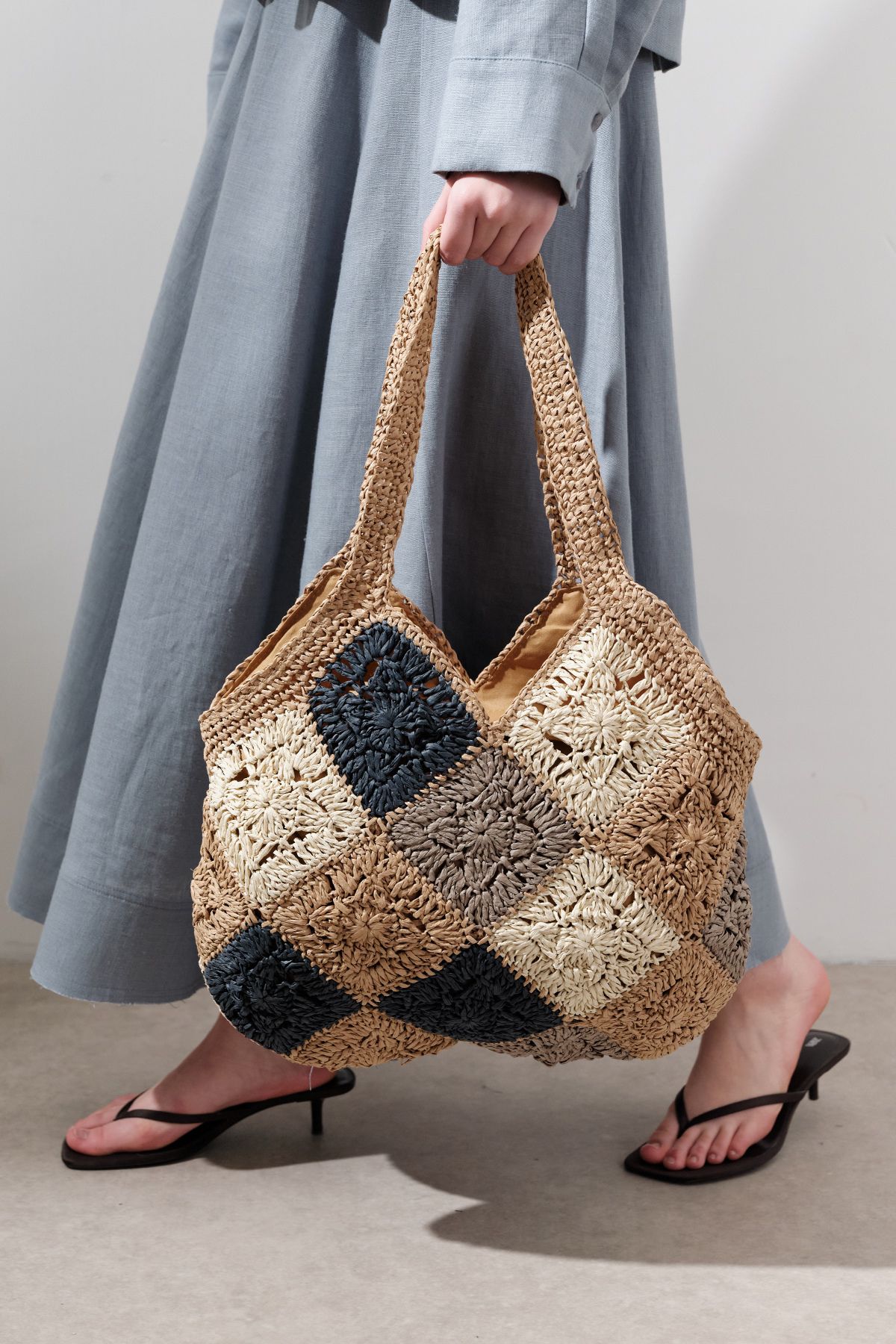 Manuka-Patchwork Patterned Wicker Bag Indigo 2