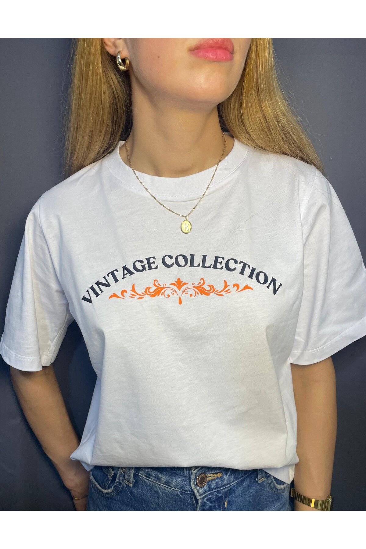 vintico Vintage Baskılı Bisiklet Yaka Basic T-shirt