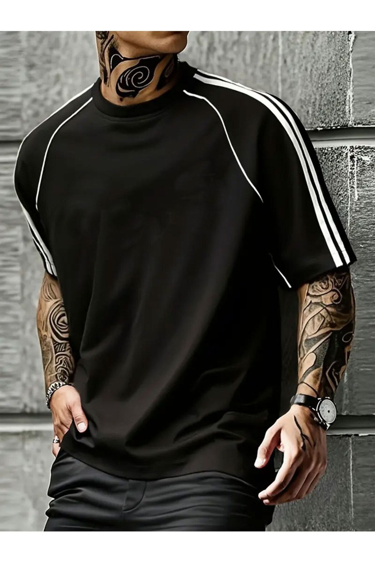 Cool mans Oversize Arabiye Detaylı Black Energy Omuz Şeritli Bisiklet Yaka Penye T-Shirt