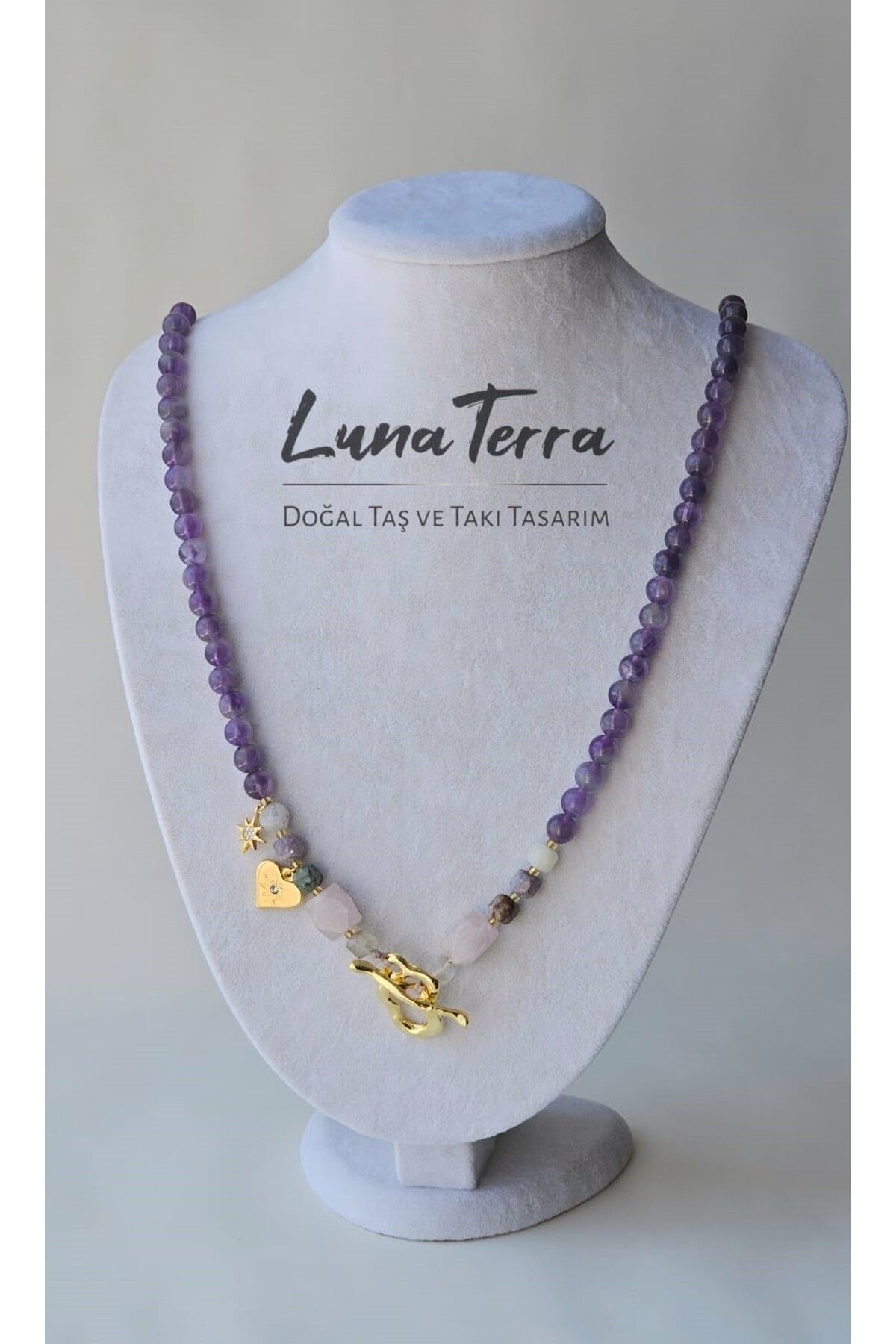 Lunaterra Ametist & Pembe Kuvars & Charm Detaylı Doğaltaş Kolye
