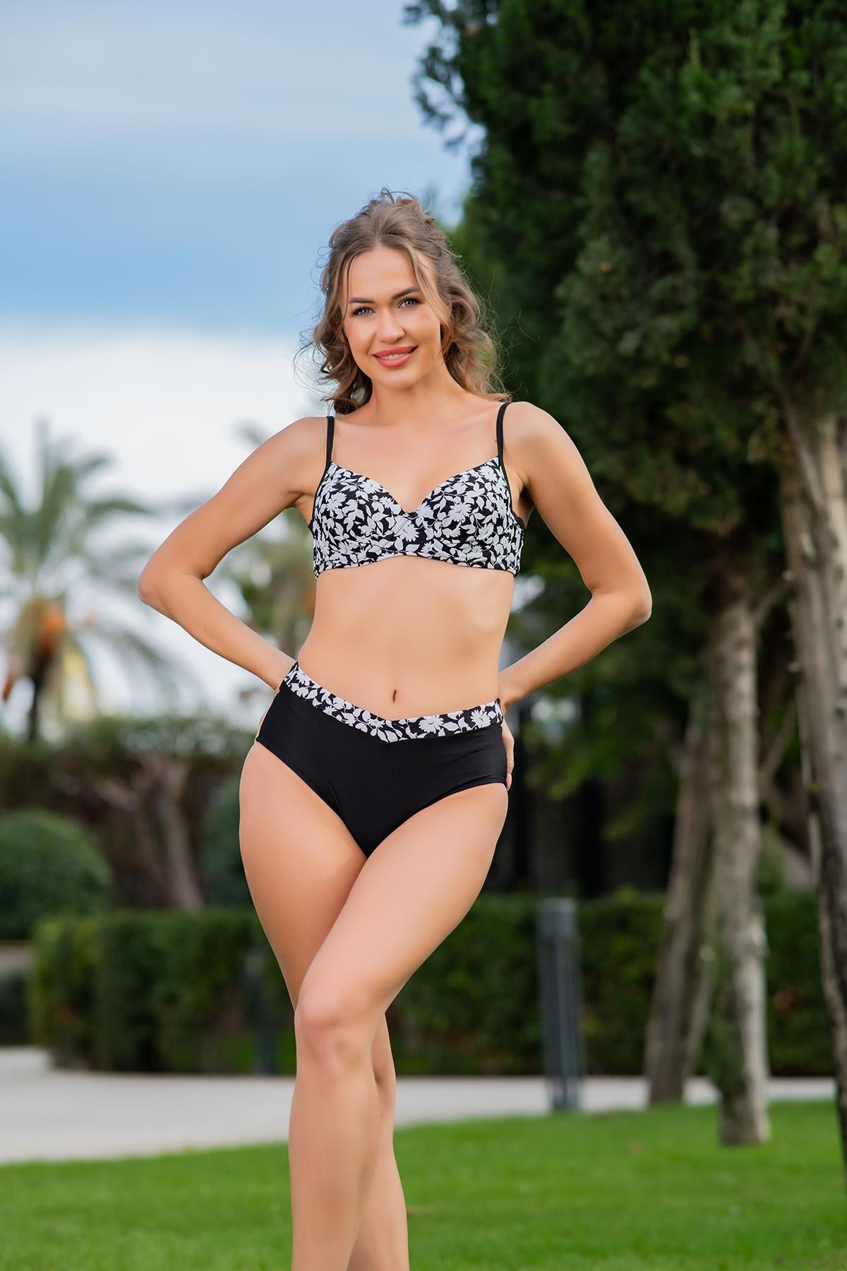 Ruko Maio Siyah Çiçek Desenli Balenli Kadın Bikini Takımı – Boş Kap 2 Parça C1T6N1O52-1