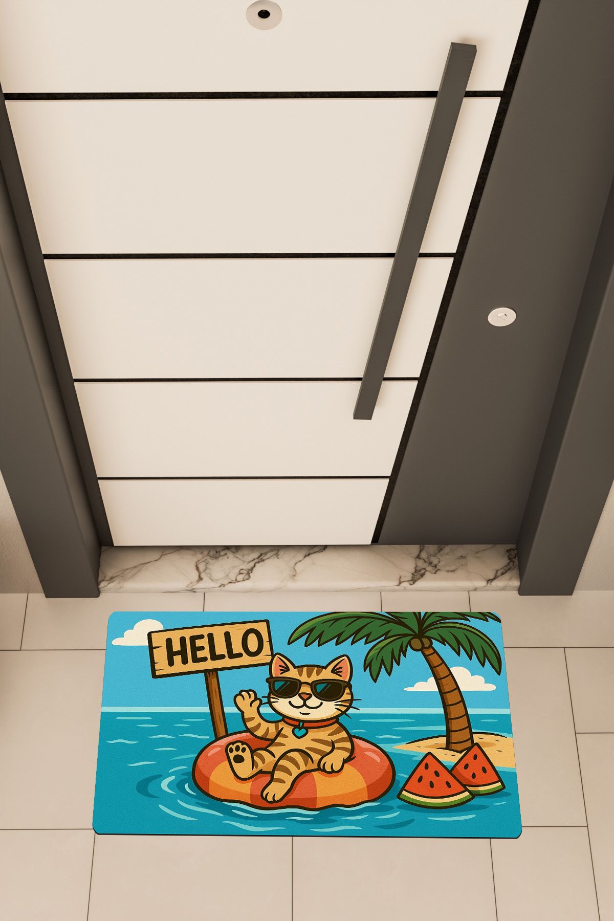 Dormot Home Yüksek Kaliteli Dijital Baskı ,Denizde Hello Kedi, temalı Kapı Önü Paspası