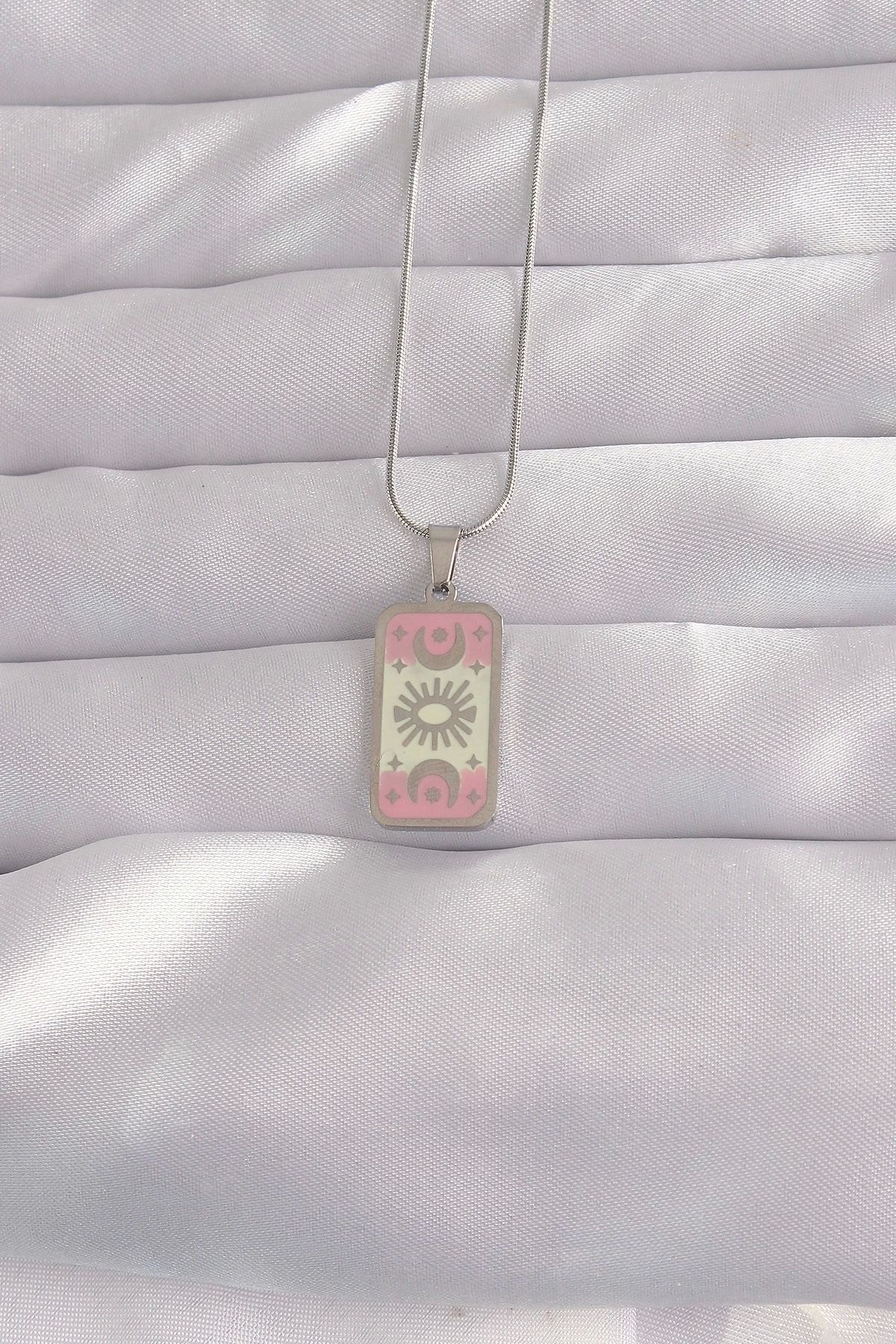 Generic 316L Çelik Gümüş Renk Pembe Mineli Ay Figür Tarot Kolye