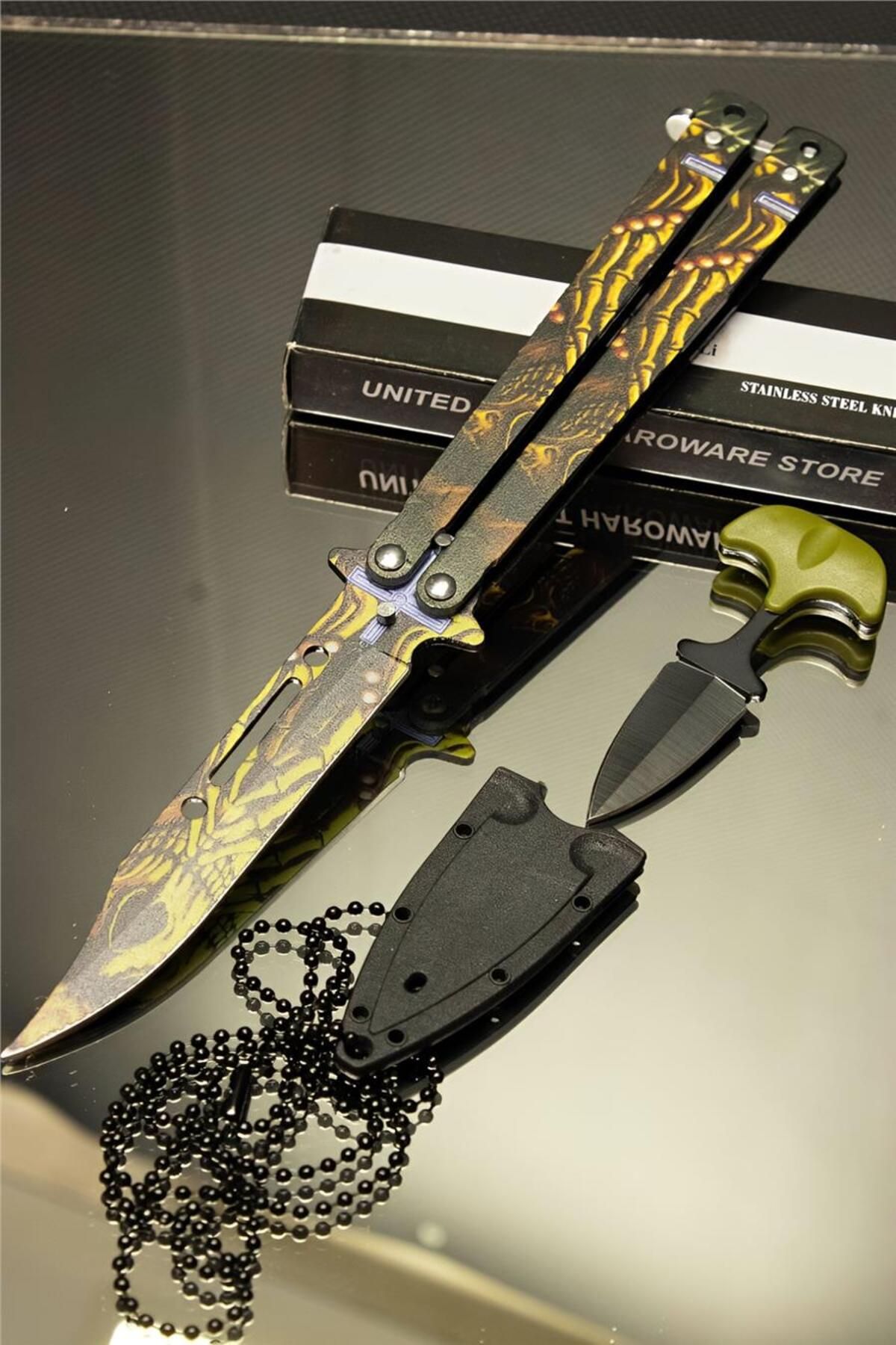 alsepeteavm 21 cm Kemik Desen Kelebekli ve Kolye Çakı