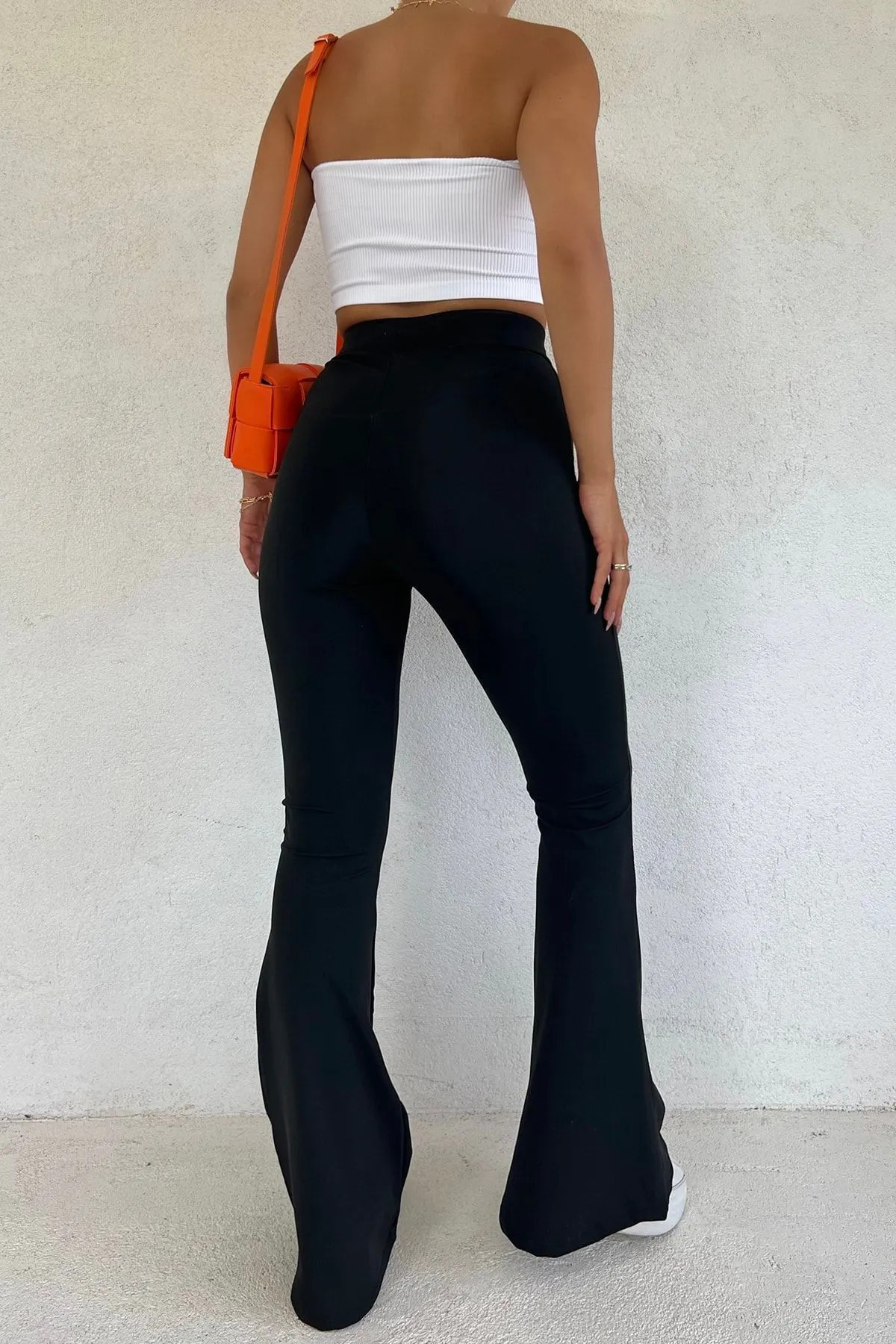 Genel Markalar  Kadın Siyah Ispanyol Paça Dalgıç Kumaş Yüksek Bel Toparlayıcı Tayt Pantolon - Görsel 5