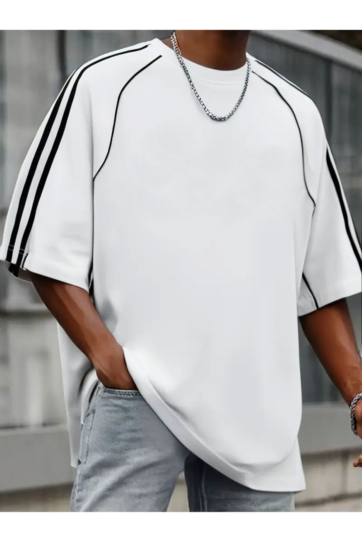 Cool mans Oversize Arabiye Detaylı Black Energy Omuz Şeritli Bisiklet Yaka Penye T-Shirt