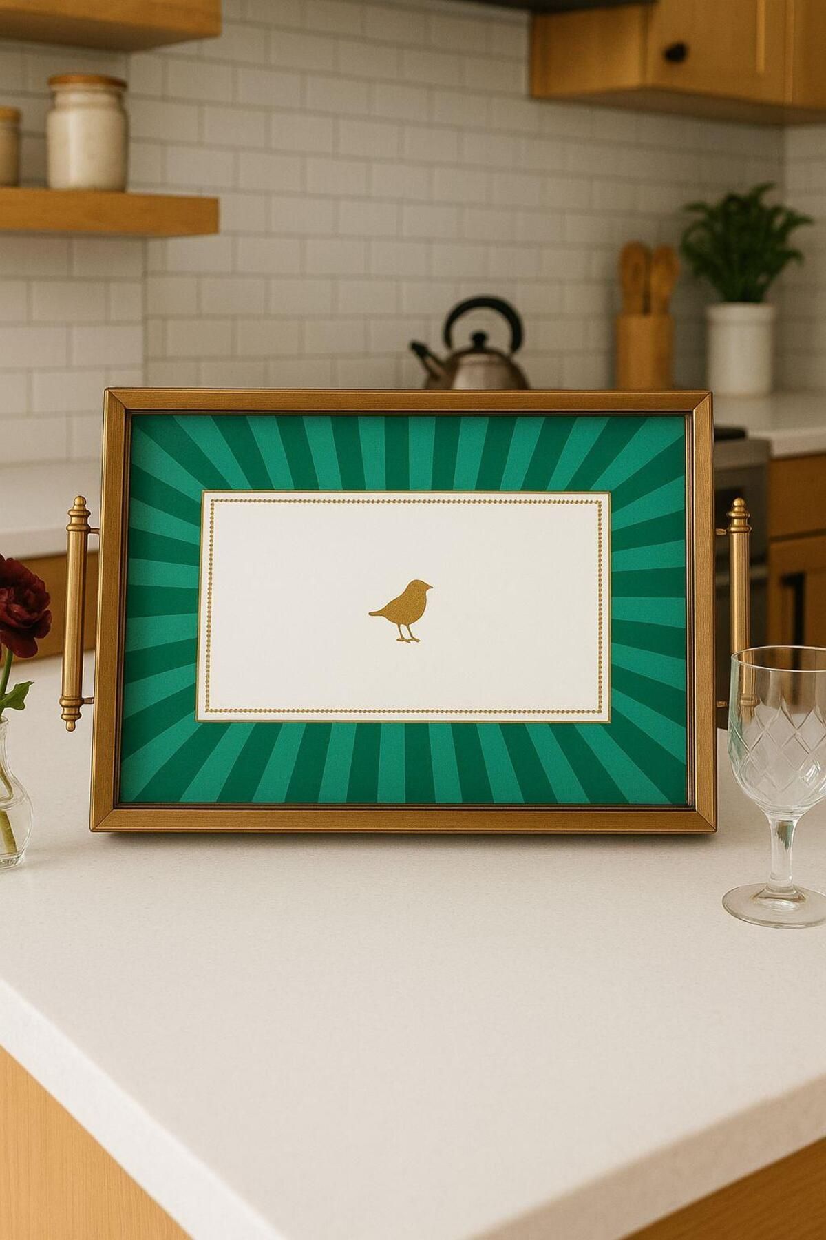 Onedekor Iwon Green Bird Çerçeveli Tepsi